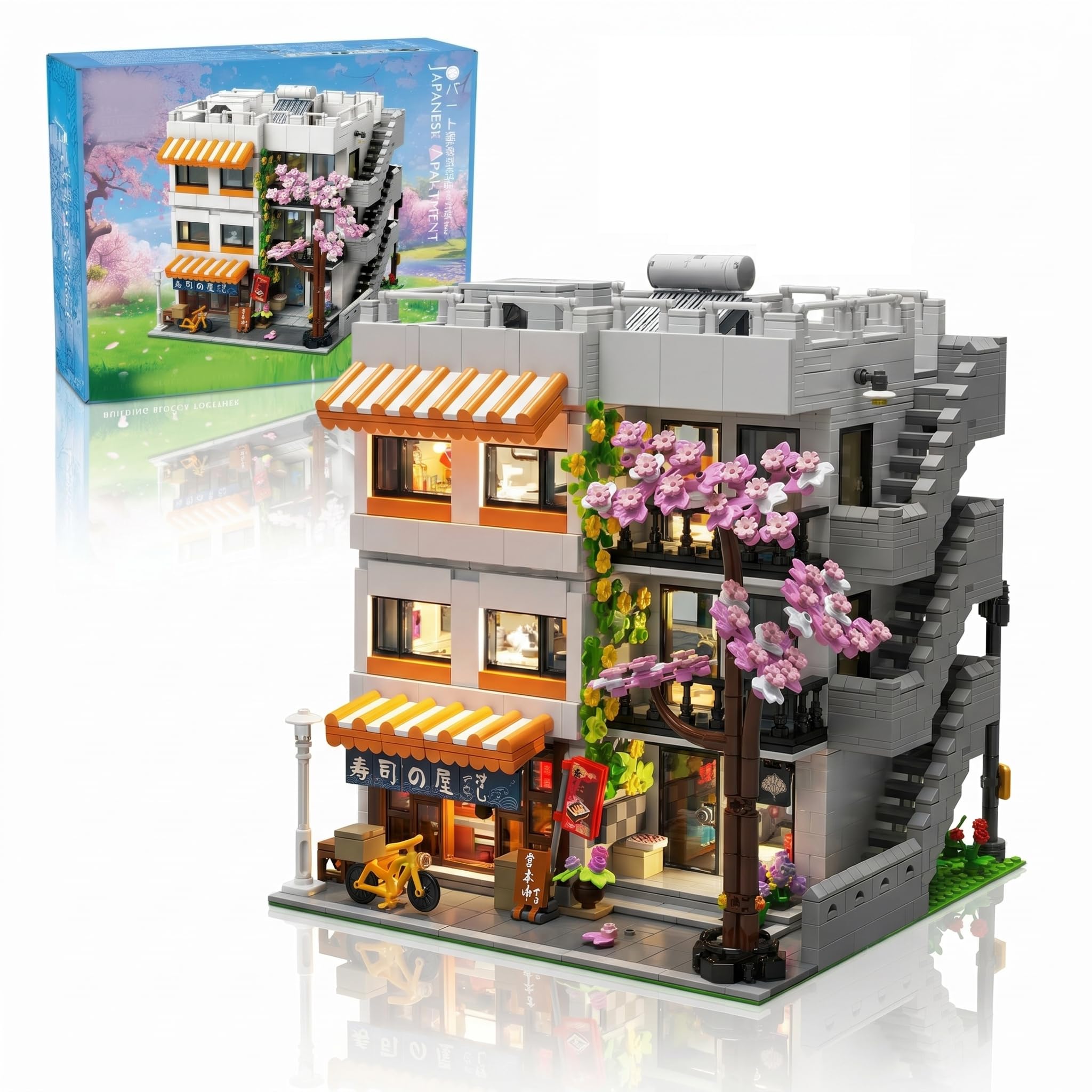 Klemmbausteine Japan Haus mit Licht & 5 Figuren - 3911 Teile Japanische Apartment & Sushi Haus Modular Building, Architektur Bausteine Set mit Kirschblüten für Erwachsene Youmko YM003