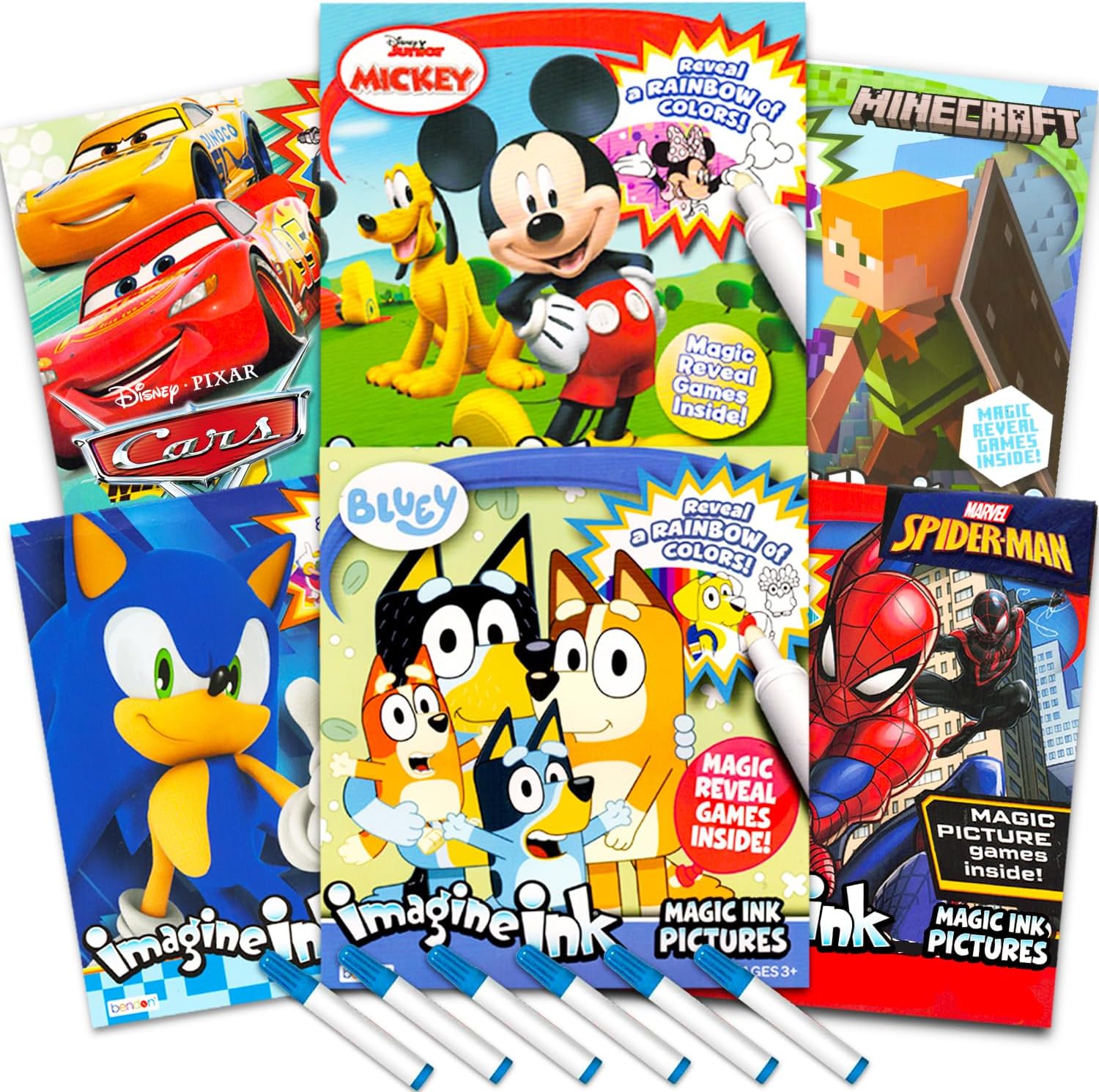 Bulk Imagine Ink Coloring Book Set for Boys - Bundle with 6 No Mess Coloring Books Featuring Sonic, Minecraft, Mickey Mouse, Spidey, Cars, and Bluey