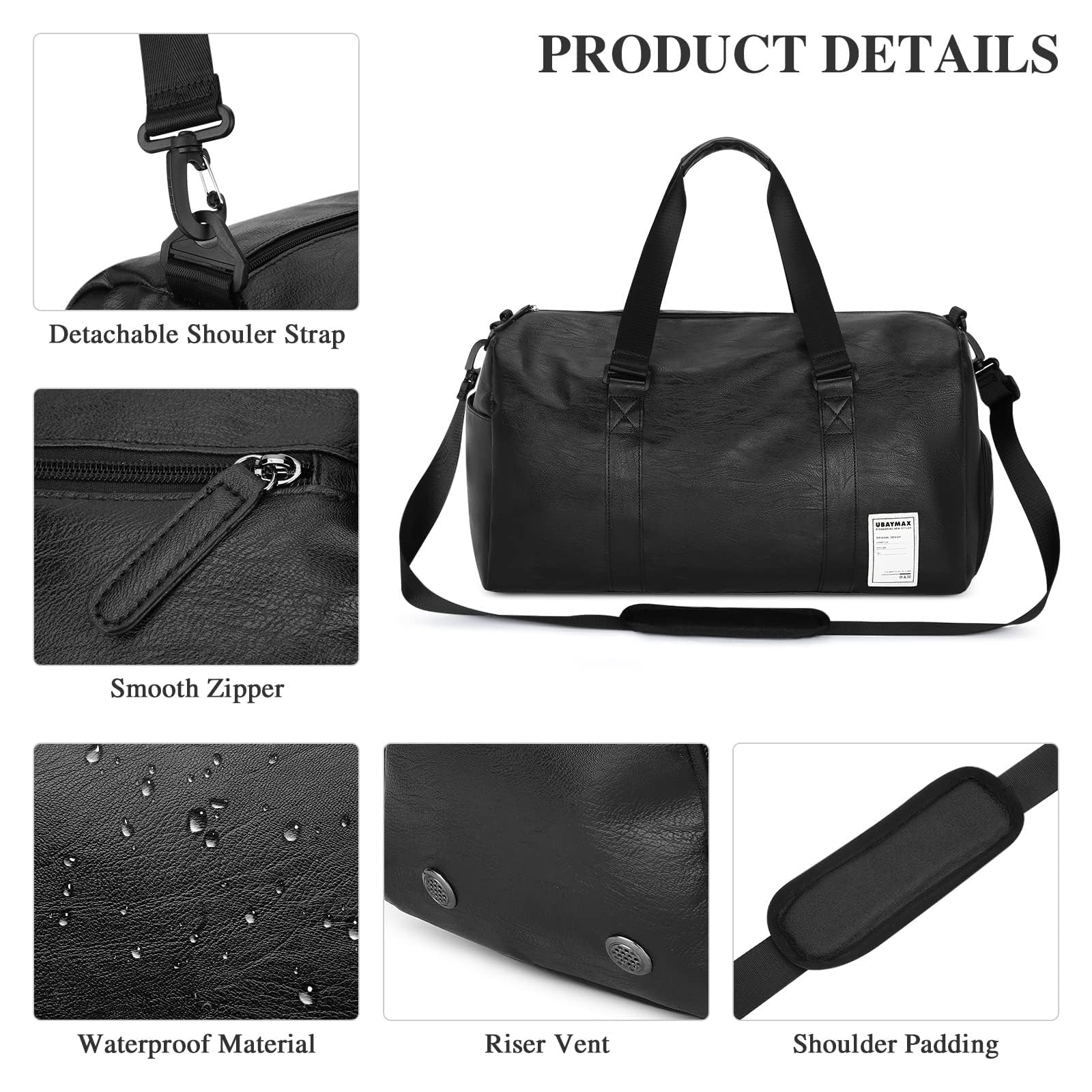 UBAYMAX Sac de Sport en Cuir Homme avec Compartiment Chaussures, 37L Noir Sac de Voyage pour Homme, Sac de Weekend avec Bandoulière Imperméable Sac de Piscine, Plage, Basketball, Football, Dance, Yoga