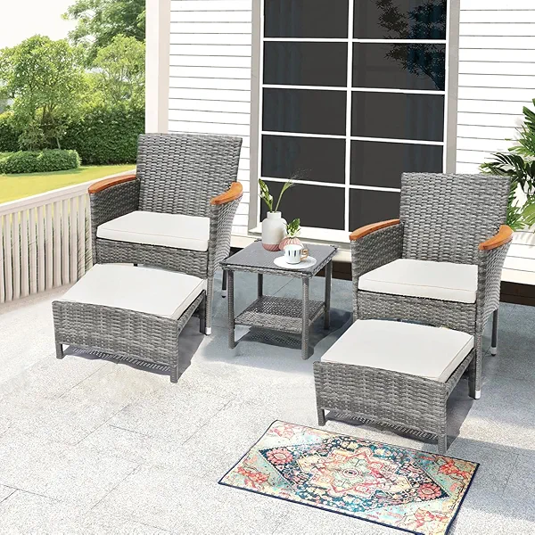 ARTBUSKE 5 PCS Outdoor Patio Furniture Set with Table&Ottoman Outdoor Furniture Patio Set Bistro Wicker Patio Set (Gray Wicker& Basic Cushion, 5PC - 2 Chair + 2 Ottoman + 1 Table)