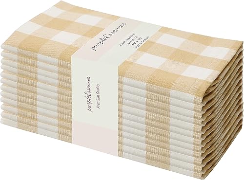 PurpleEssences Servilletas de tela a cuadros de búfalo  Esquinas en inglete  Juego de 12  100% algodón  Reutilizables y lavables  Beige y Blanco