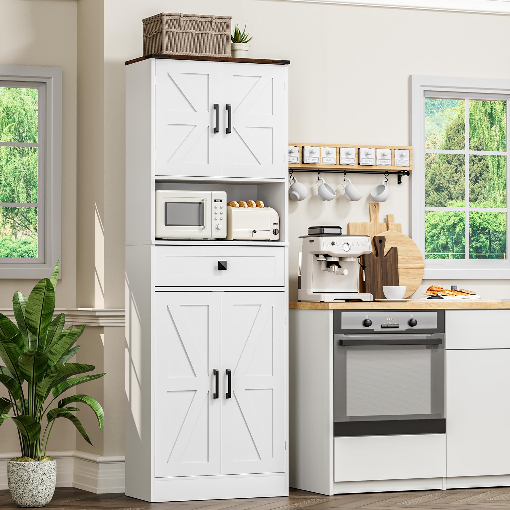 Bigbiglife Farmhouse Kitchen Pantry Cabinet, 67" Tall Kitchen Storage Cabinet, Kitchen Hutch with Microwave Stand & Barn Doors and Drawers for Dining