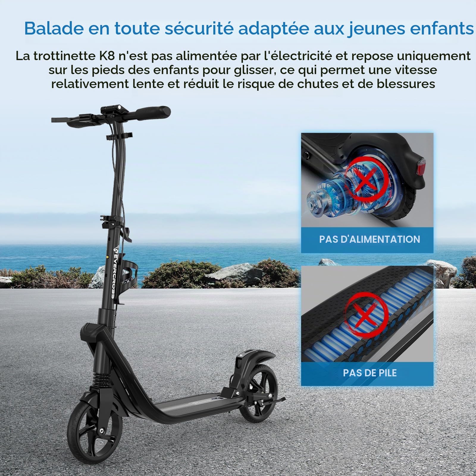 EVERCROSS K8 Stunt Scooter, Grande Roue 200mm Trottinette, Cityroller Réglable en Hauteur et Pliable, Stabiler Aluminium-Roller,Trottinette Sportive pour Enfants Jusqu'à 100kg, Double Frein