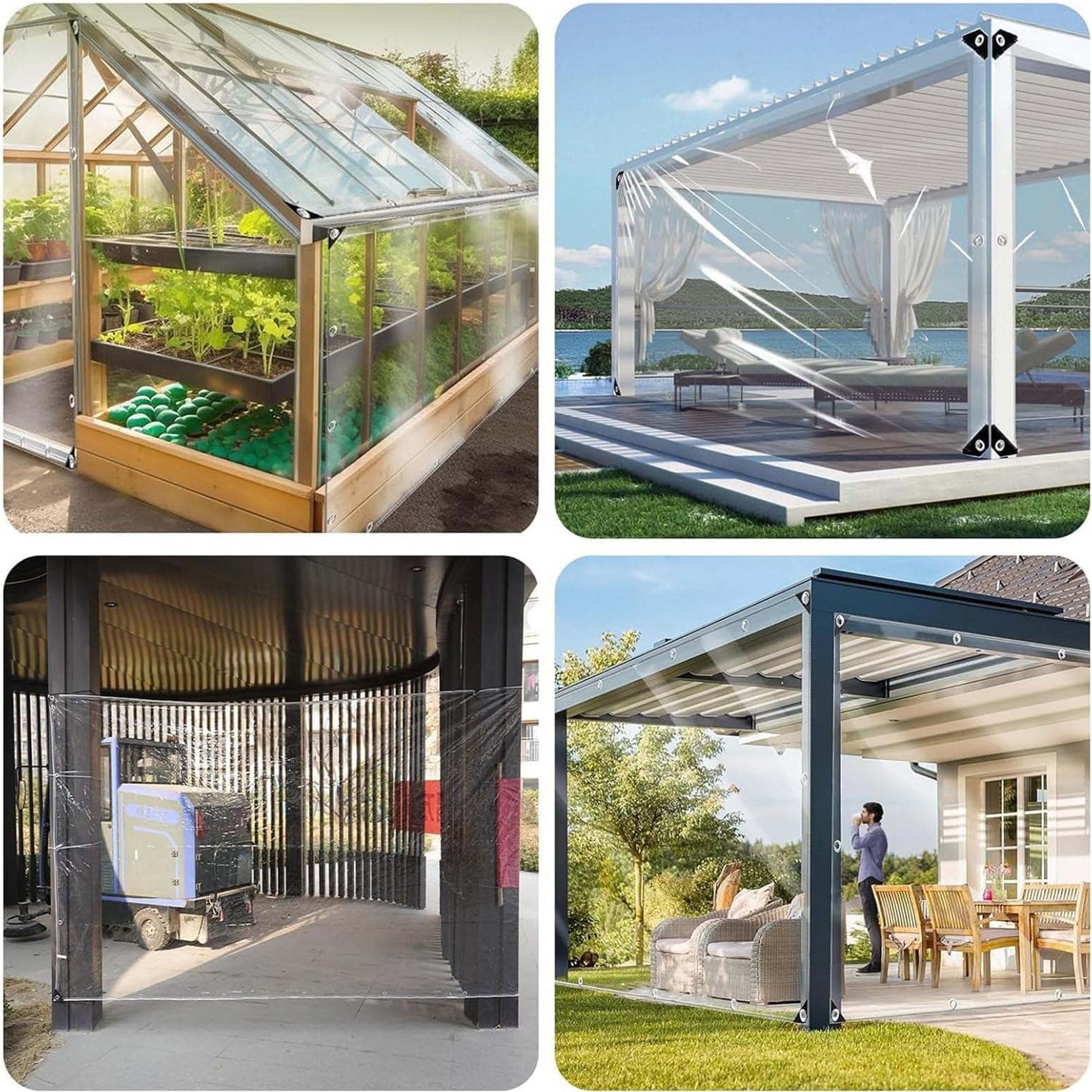 Telo in PVC trasparente con occhielli, telone 420g/m² resistente, 1.5x3m | 0,35mm telo resistente alle intemperie, 30cm distanza occhielli‑antistrappo, protezione trasparente per terrazze, giardini