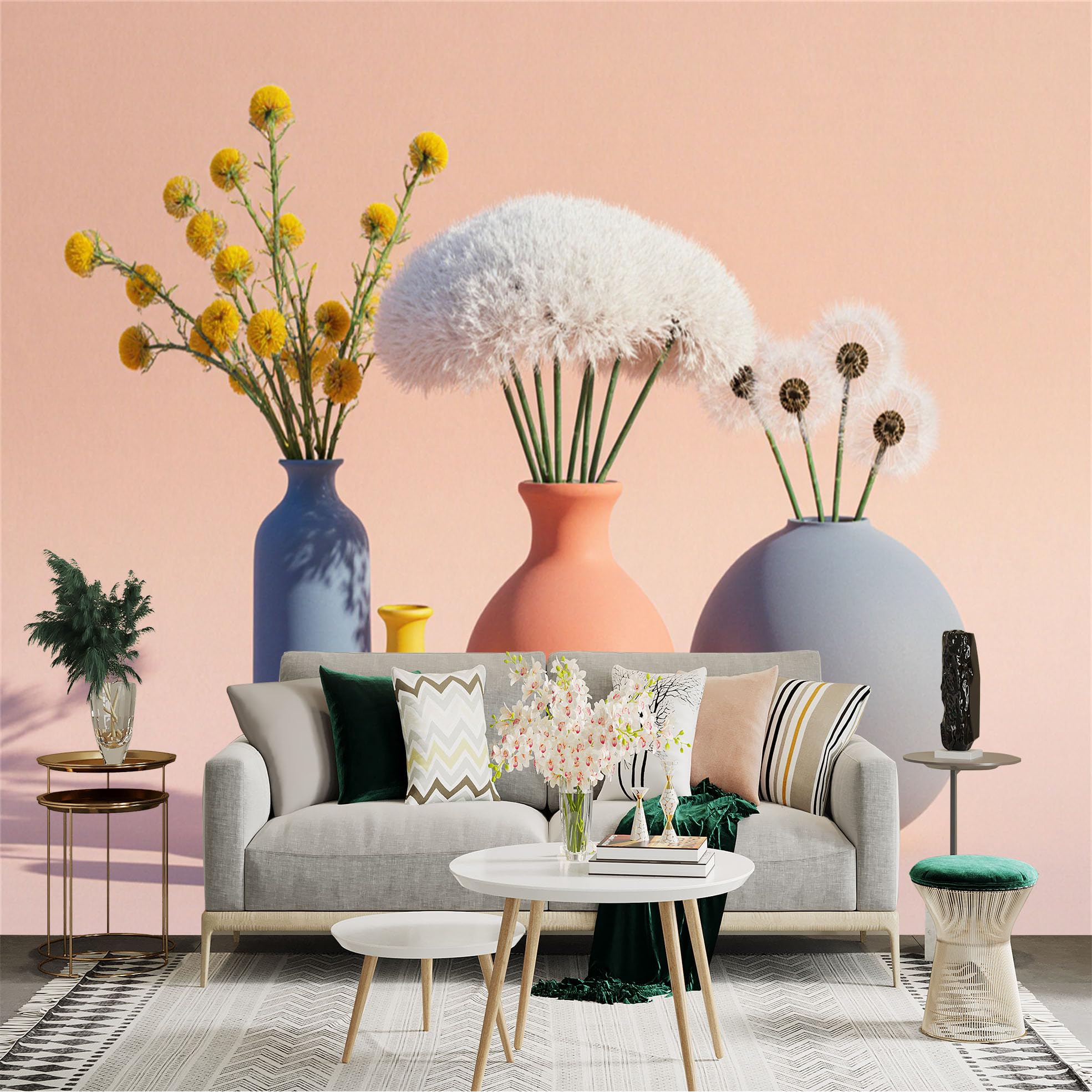 Custom Size Wall Sticker Mural， Minimalist Ceramic Vases with Yellow Flowers and Fluffy Dandelions， Modern Botanical Still Life， for wall Decoration， peelandstick wall Decals.