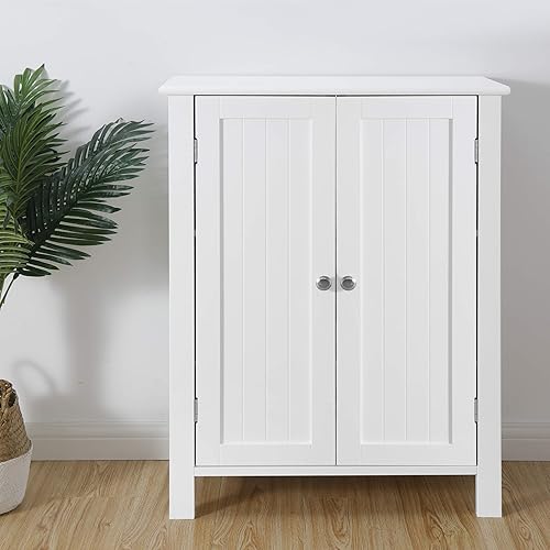 Armario de almacenamiento para baño, gabinete de madera independiente con puerta doble y 3 estantes ajustables, 23.6 x 11.8 x 31.6 pulgadas