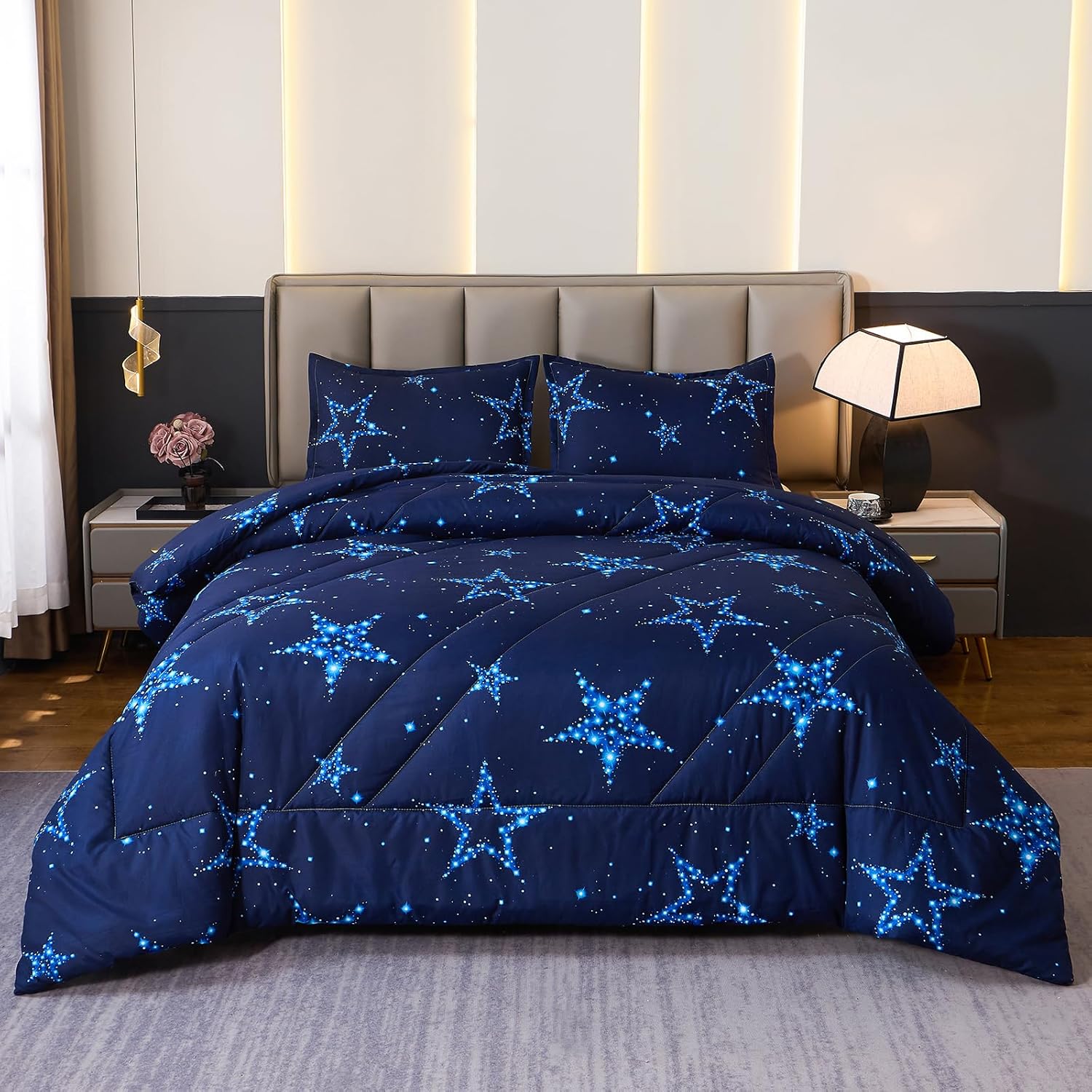Caressma Star Comforter Teen Boy Girl Bedding Blue Galaxy Queen Size Microfiber Set 3 Pieces with Pillowcases for All Seasons