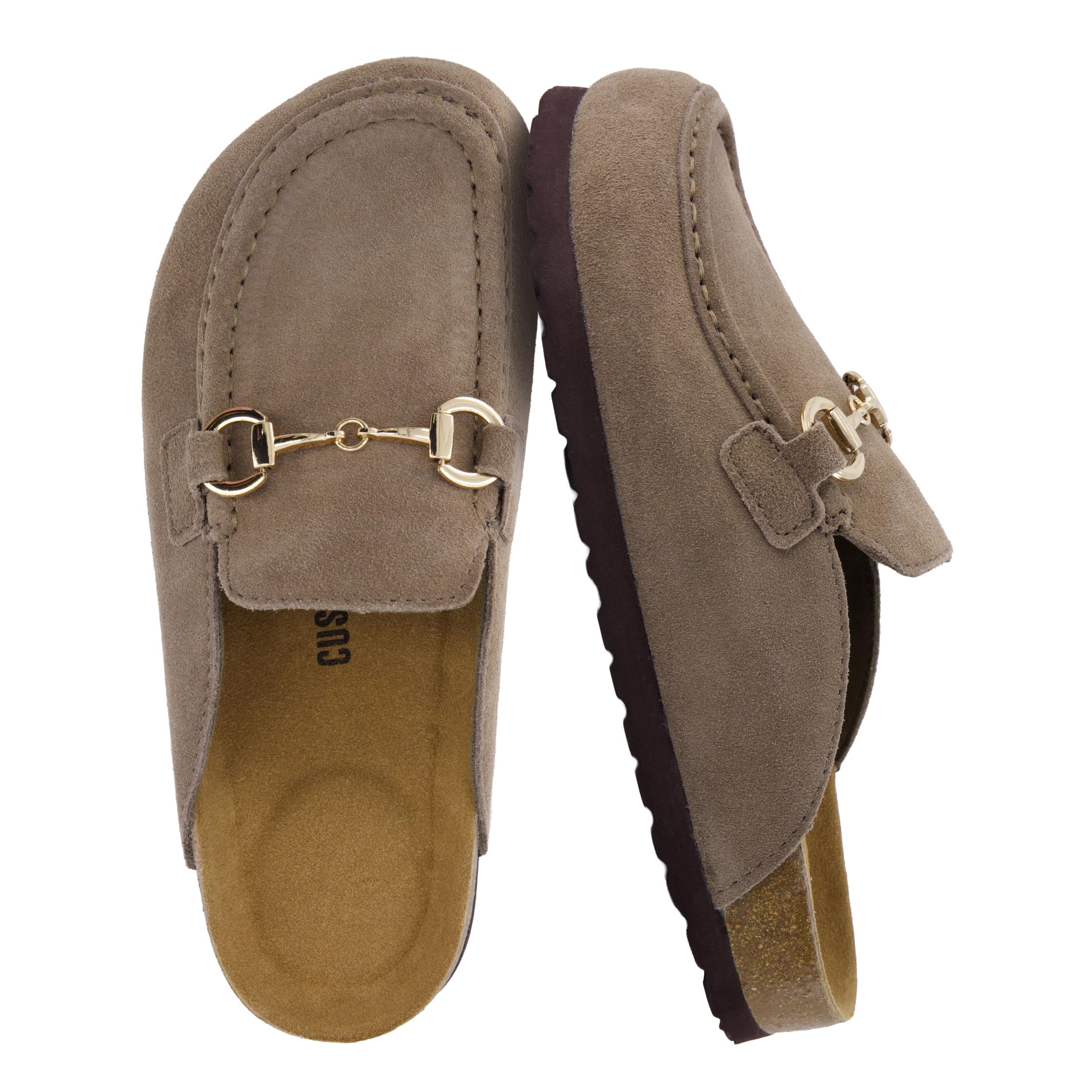 CUSHIONAIRE Cliff Suede Clog Mules for Women | 100% Genuine Suede Upper, Gold Horsebit Detail, Cork Footbed, Backless Slip On Design, Treaded Outsole, Round Moc Toe