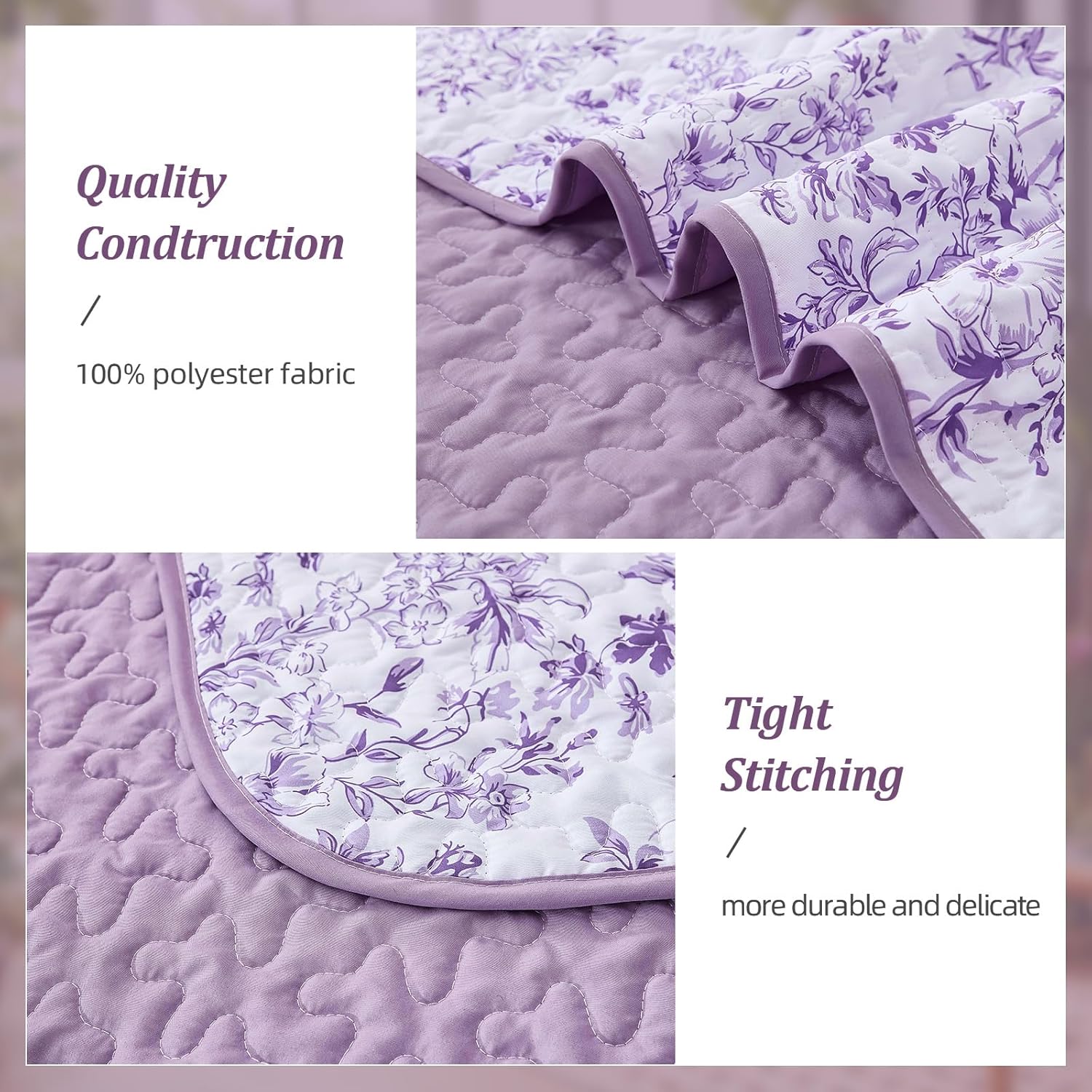 WONGS BEDDING Quilt Queen Size, Purple Quilt Bedding Set with 2 Pillowcases, Botanical Quilt for Queen Bed, Soft Microfiber Lightweight Coverlet Bedspread for All Season (96"×90", 3 Pieces) - Image 5