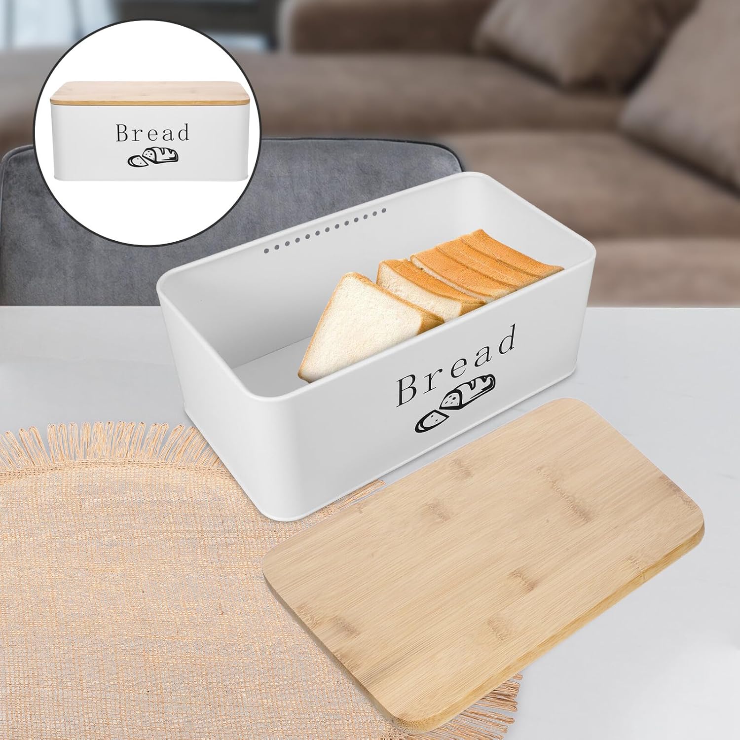 Breathable Bread Box Kitchen Storage Container with Dustproof Metal Body and White Flat Lid, Bread Holder Organizer for Kitchen Countertop and Restaurant Food Storage