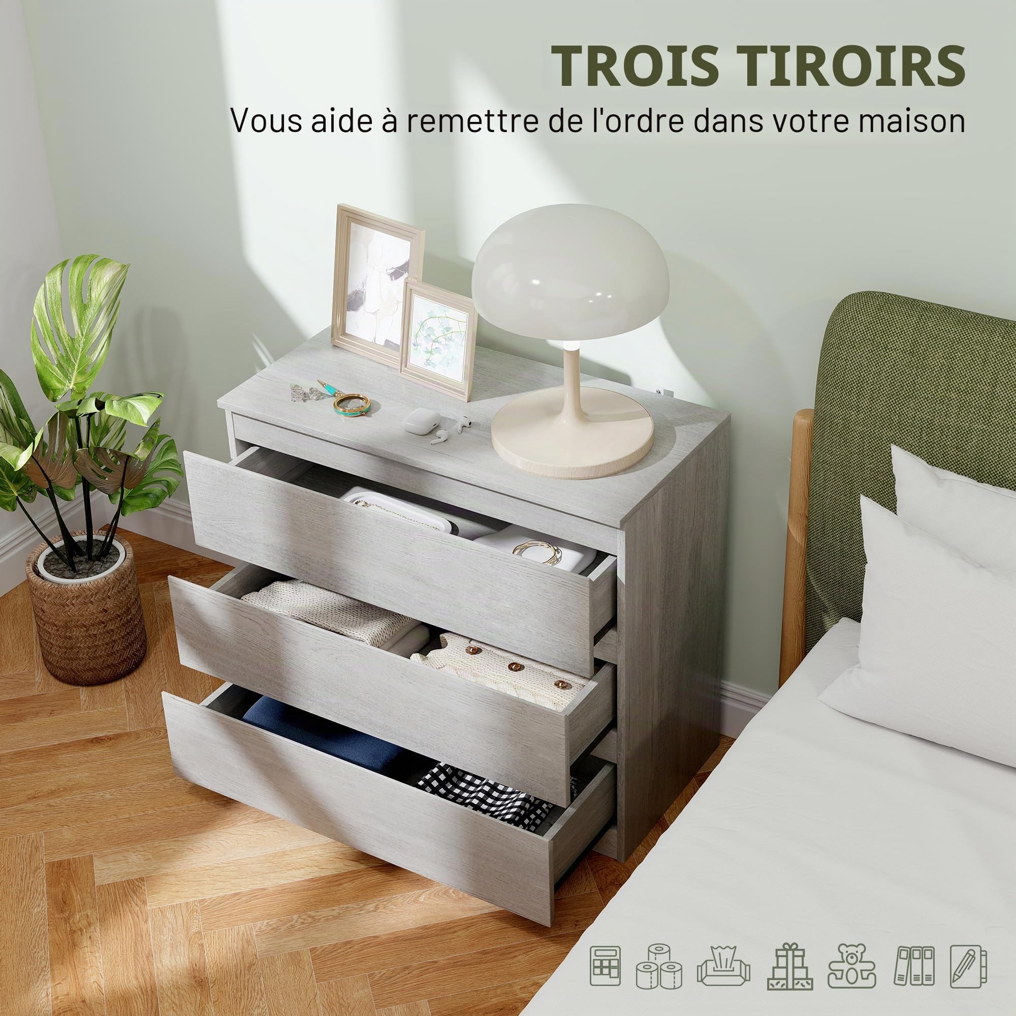 HOMCOM Commode 3 tiroirs 80x39x73cm Gris Effet Bois