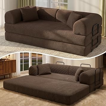 79 Convertible Sofa Bed, 5-in-1 Folding Sleeper Couch with Pull Out Bed, Corduroy Modular Floor Sofa, No Assembly Space Saving Guest Bed for Living Room Apartment Bedroom Brown