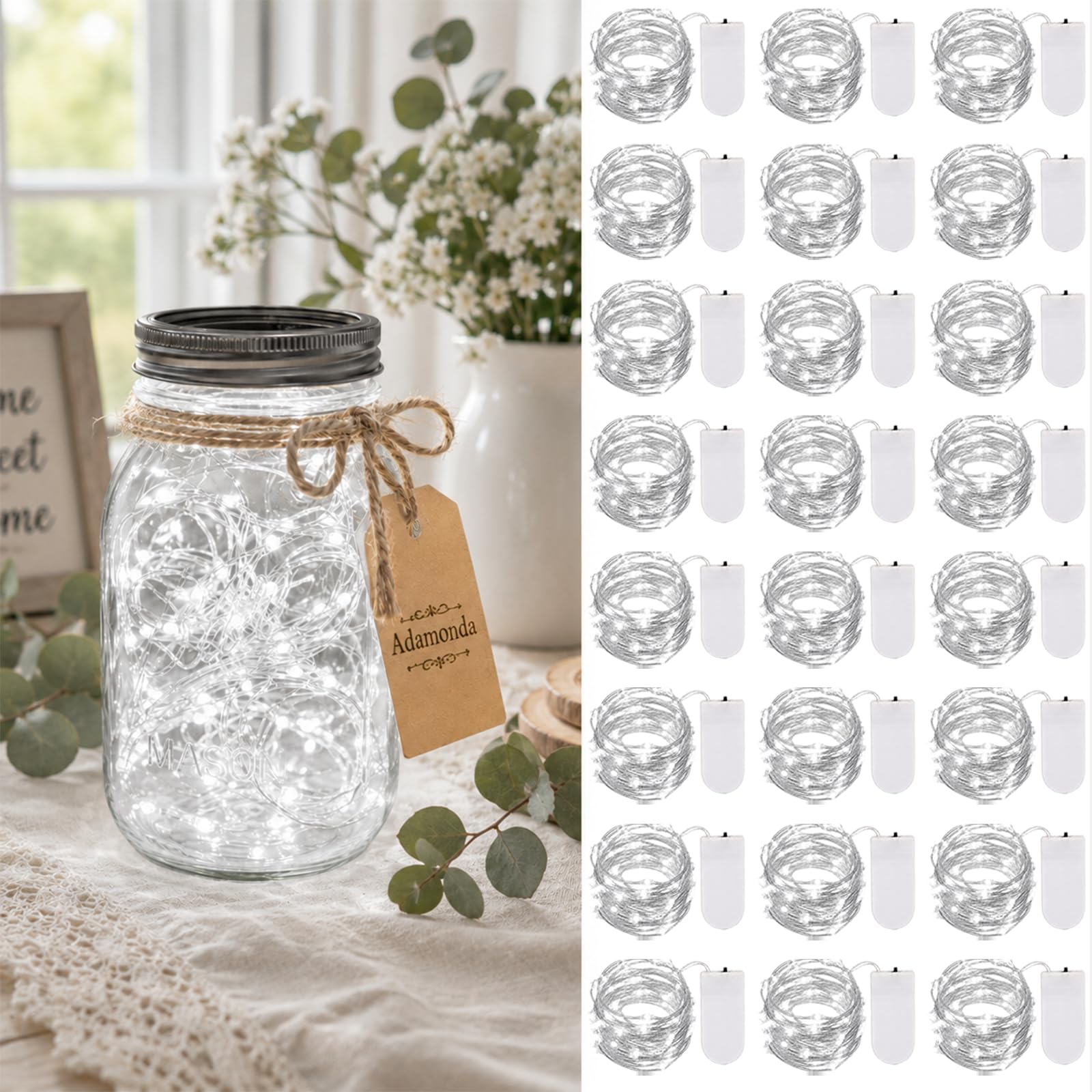 Adamonda Confezione da 24 lucine a batteria, 20 LED bianchi, impermeabili, con filo argentato, ideali per matrimoni, Natale, feste, camera da letto, decorazione per interni ed esterni