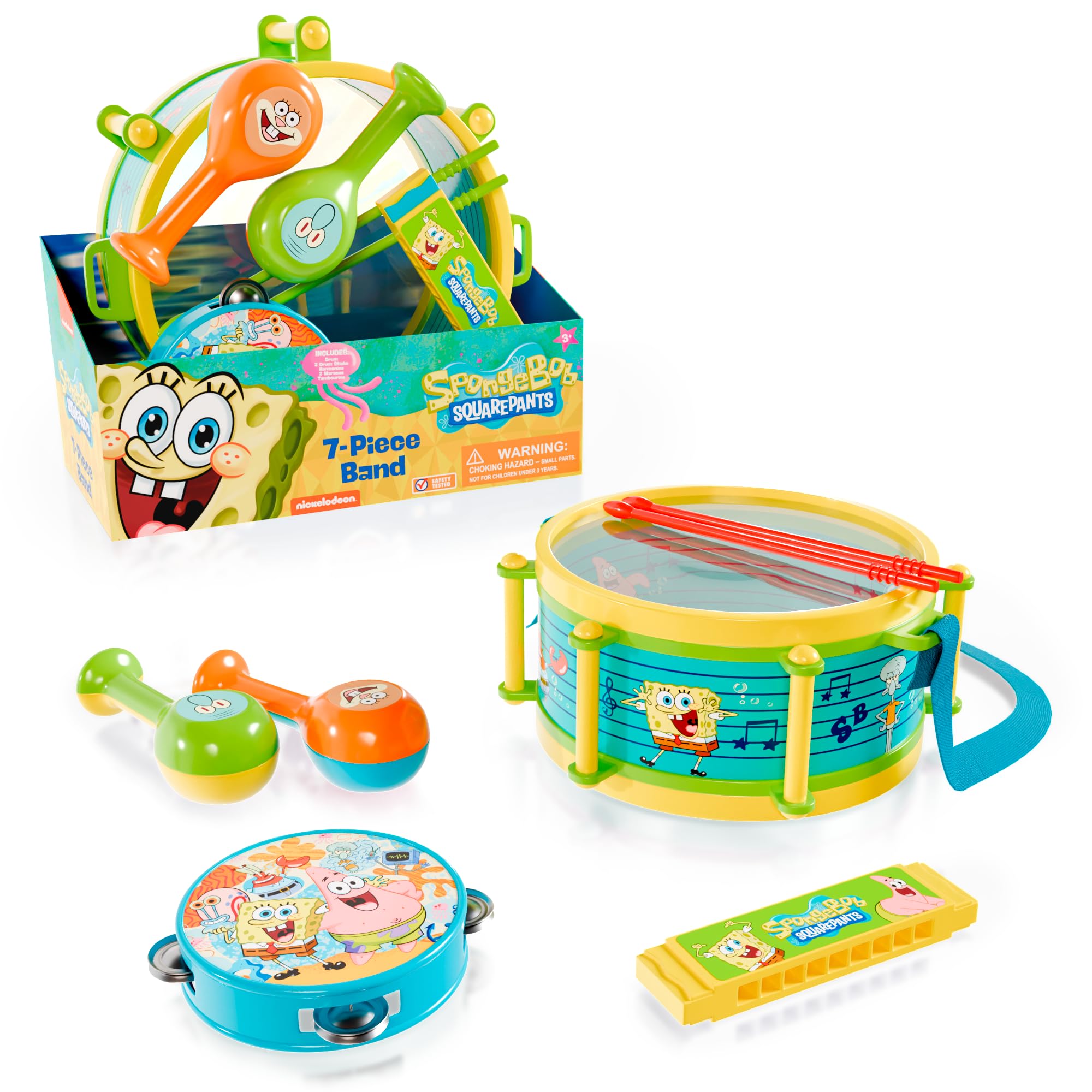 Lollipop Spongebob Drum Set for Kids - 7 Piece Toddler Drum Set Ages 3-5, Baby Drum Kit with Snare Drum, Bongo Drum, Drum Sticks, Hand Drum, Electric Drum Set for Kids Ages 5-7, Perfect Musical Toy