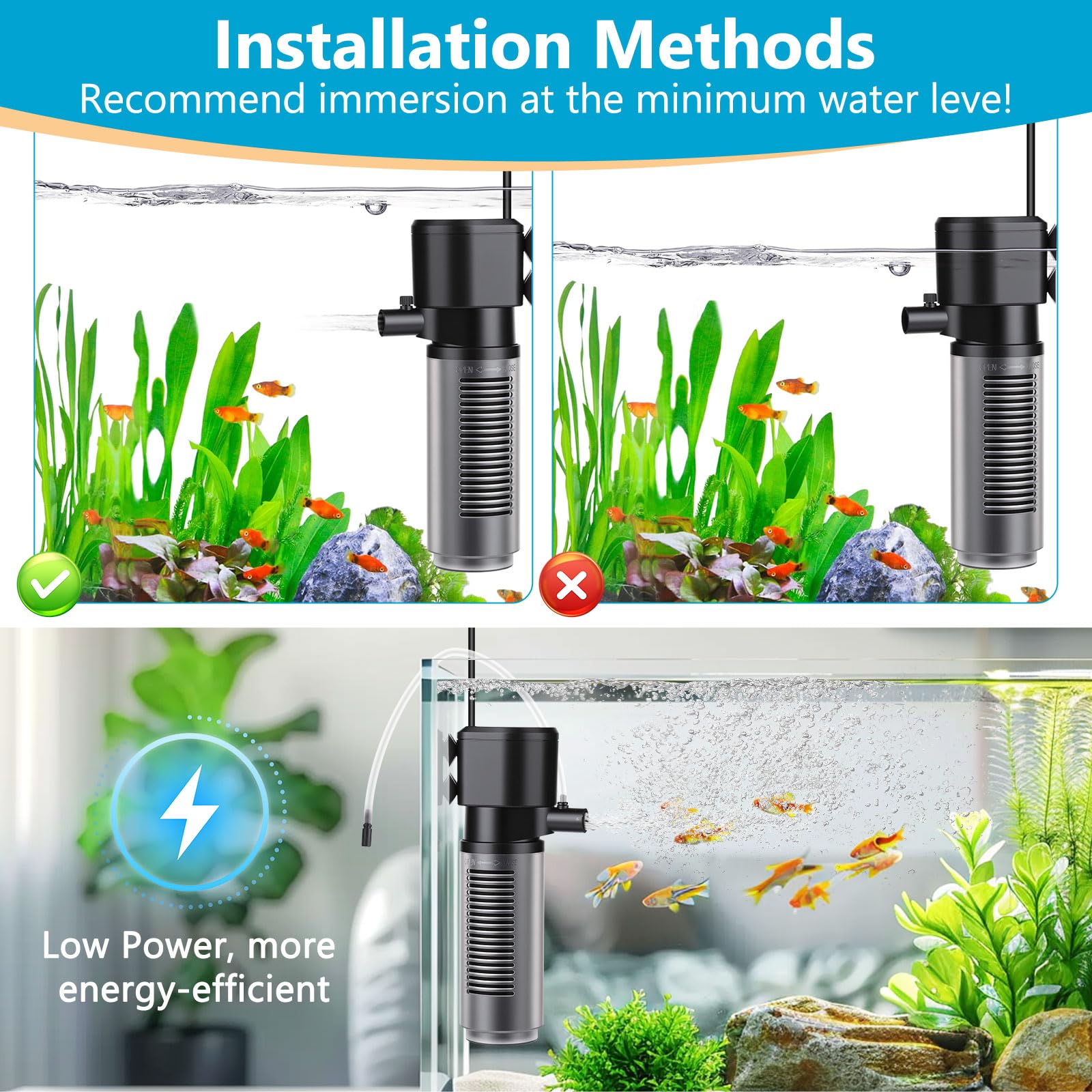 AQQA Aquariumfilter, 660 l/h, einstellbarer starker Durchfluss, Aquariumfilter, 6,5 W, leise Aquarium-Filterpumpe für Tanks bis zu 200 l