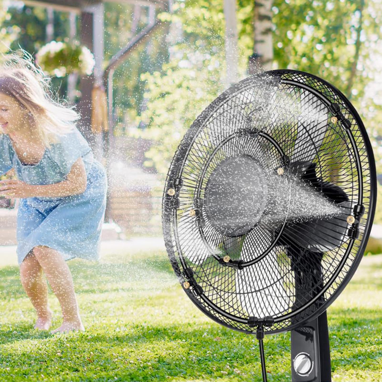 Fan Misting Kit – Fan Mister per esterni, sistema di raffreddamento a nebbia per esterni, kit di aggiornamento Mister Misting, ventilatore ad acqua, per patio, con 6 ugelli rimovibili