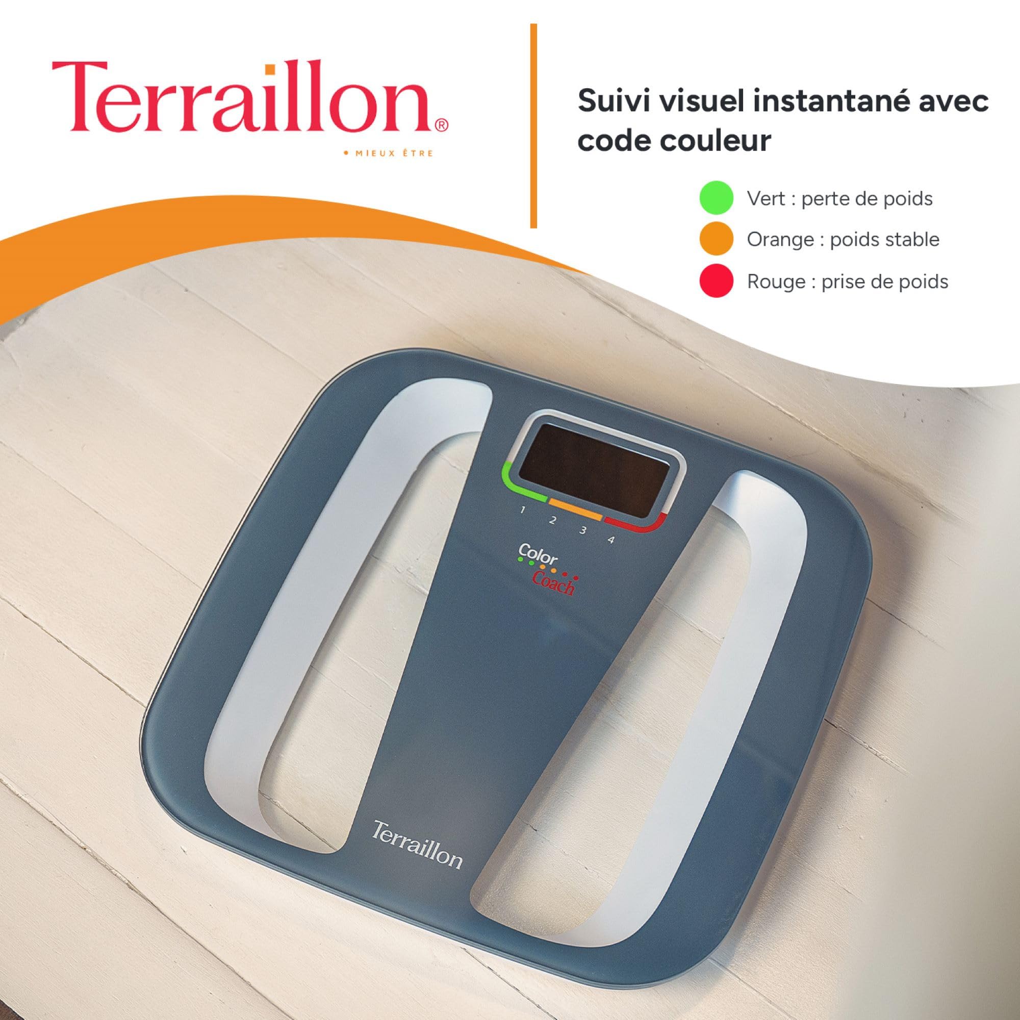 TERRAILLON - COLOR COACH QUATTRO - Pèse personne électronique, Affichage couleur variation de poids, 4 Mémoires utilisateurs, Ecran LCD rétro-éclairé, Capacité 160 kg, Graduation 100g, Gris/Blanc