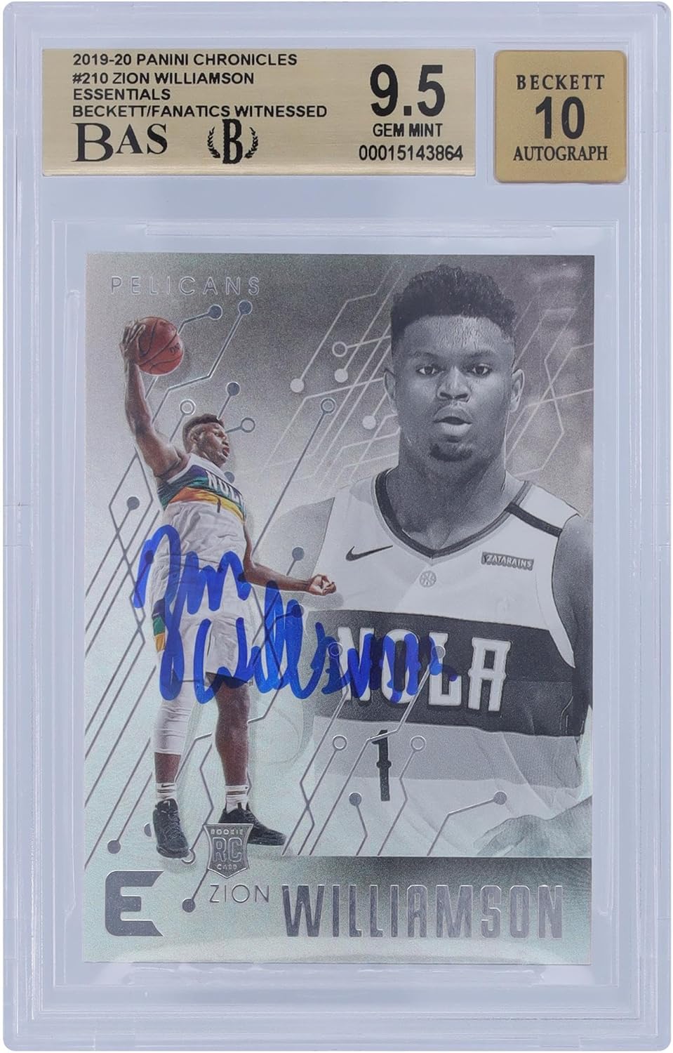 Zion Williamson New Orleans Pelicans Autographed 2019-20 Panini Chronicles Essentials #210 Beckett Fanatics Witnessed Authenticated 9.5/10 Rookie Card - Basketball Slabbed Autographed Rookie Cards
