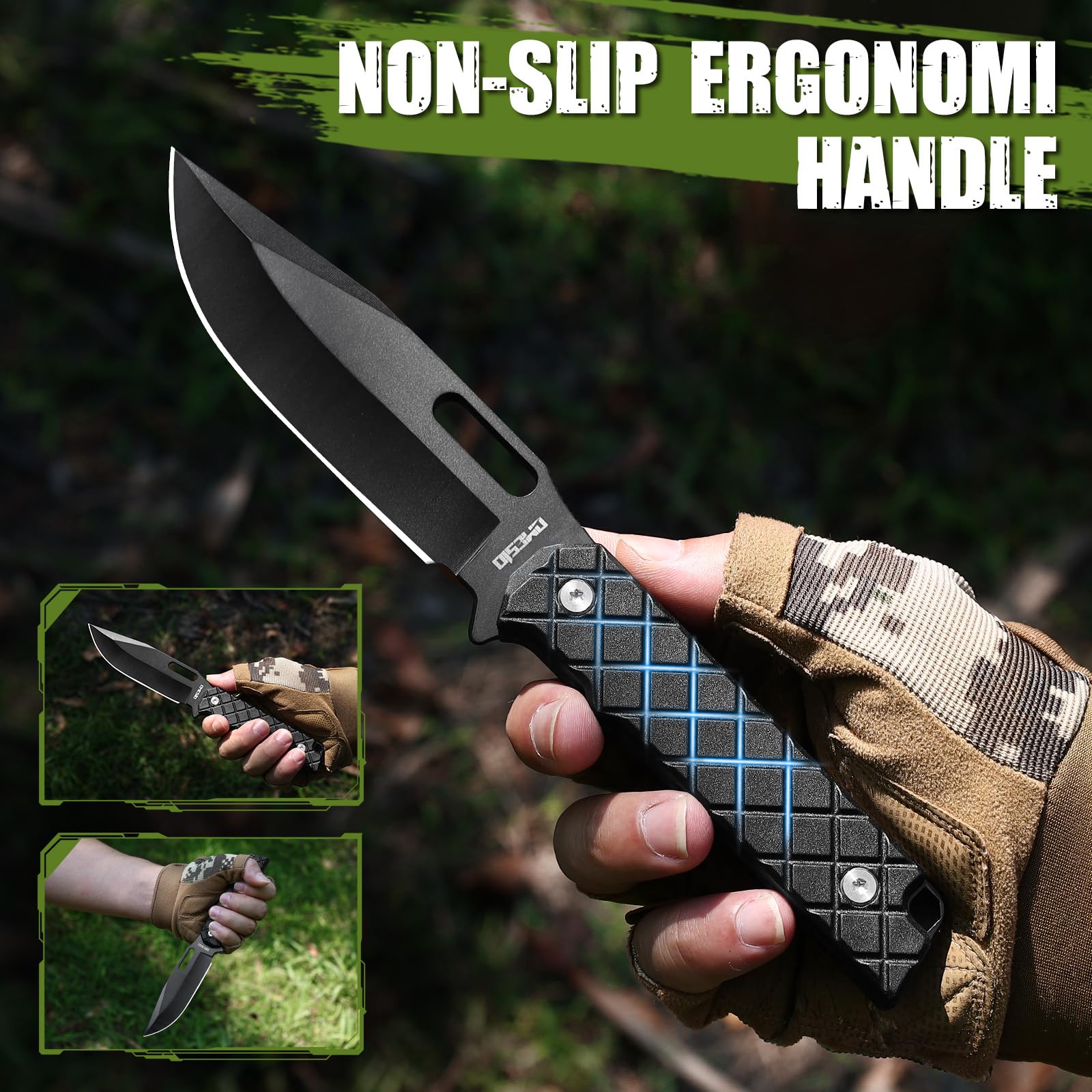 Omesio L-PJ21 Cuchillo de Supervivencia Full Tang con Funda Kydex, Acero 5CR13MOV, Pedernal y Paracord, Cuchillo Bushcraft Fijo para Camping, Senderismo, Caza y Outdoor