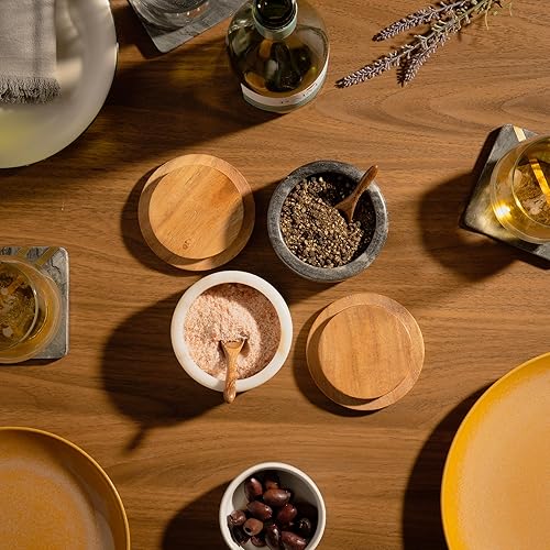 Miniatura 5 de Cork & Mill Cuencos de mármol para sal y pimienta, juego de 2 bodegas de mármol sólido blanco y gris con tapas y cucharas, recipientes elegantes