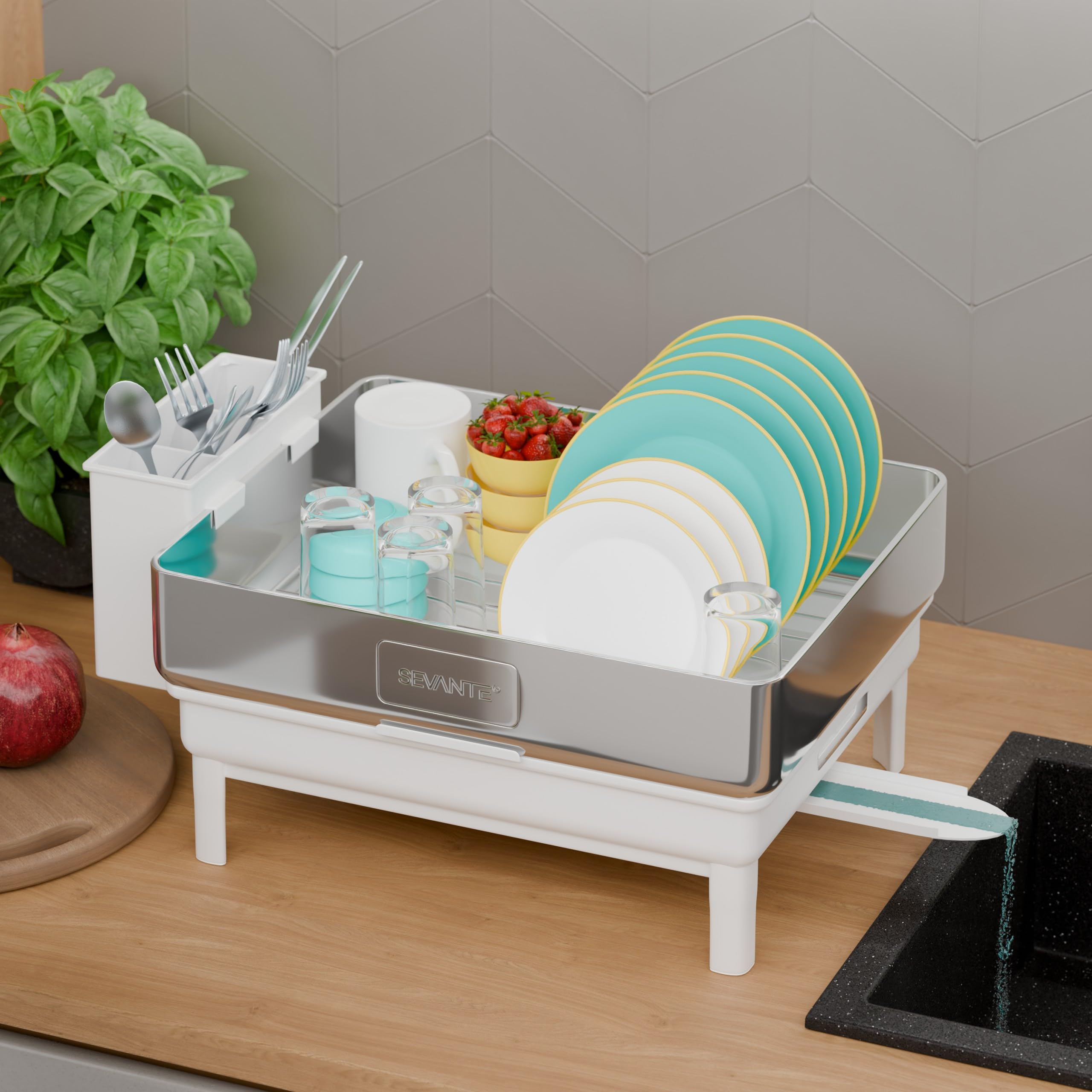 Abtropfgestell Geschirr Edelstahl Weiß 48,5x32x14 cm - Geschirrabtropfgestell Kitchen - Geschirrständer - Moderne Abtropfgestell - Dish Drainer