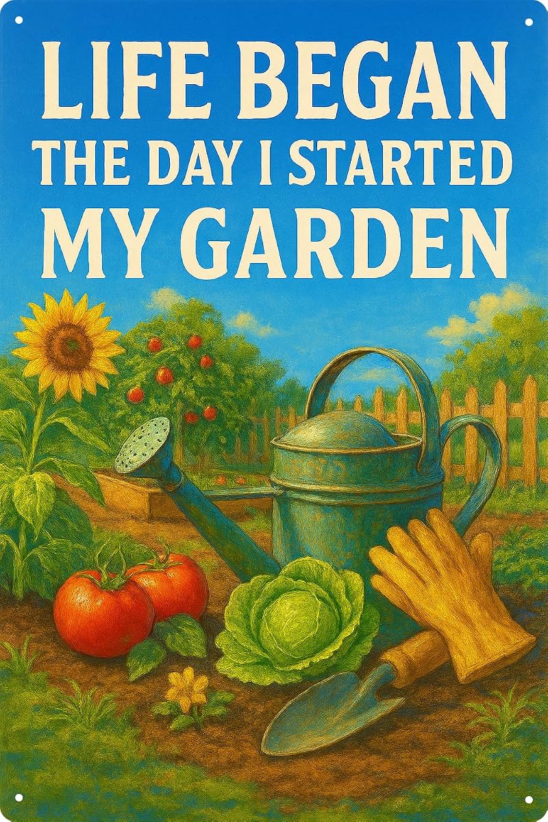 Divertidos letreros de jardín decorativos al aire libre, "Life Began the Day I Started My Garden" para exteriores – Decoración de patio de metal vintage para valla, invernadero – Regalos geniales para amantes de la jardinería – 8 x 12 pulgadas