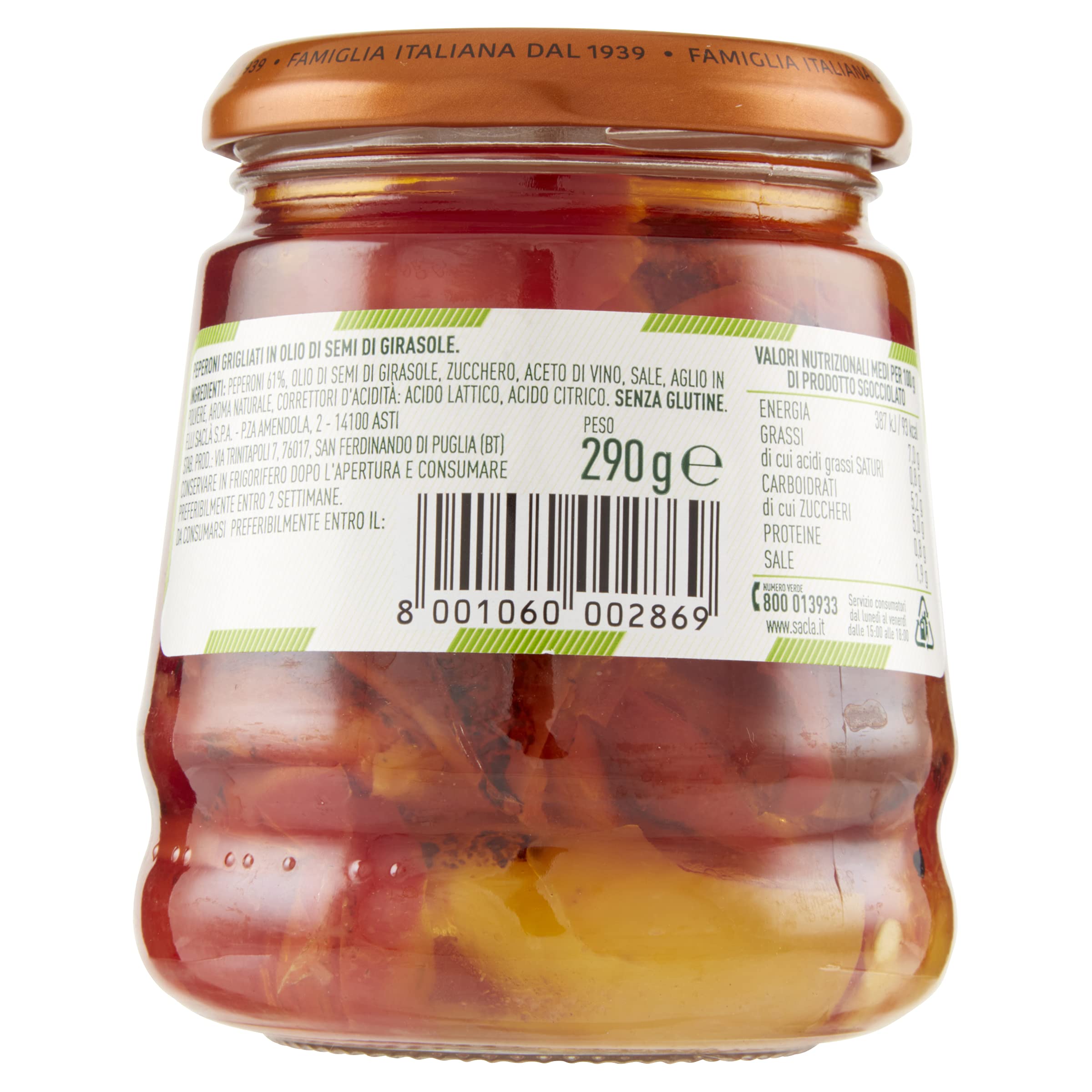 Saclà, Sottoli Grigliati, Peperoni Grigliati, Ideali per Antipasti, Contorni e per le Tue Preparazioni, Vaso Vetro, 290g, Confezione da 12 Pezzi