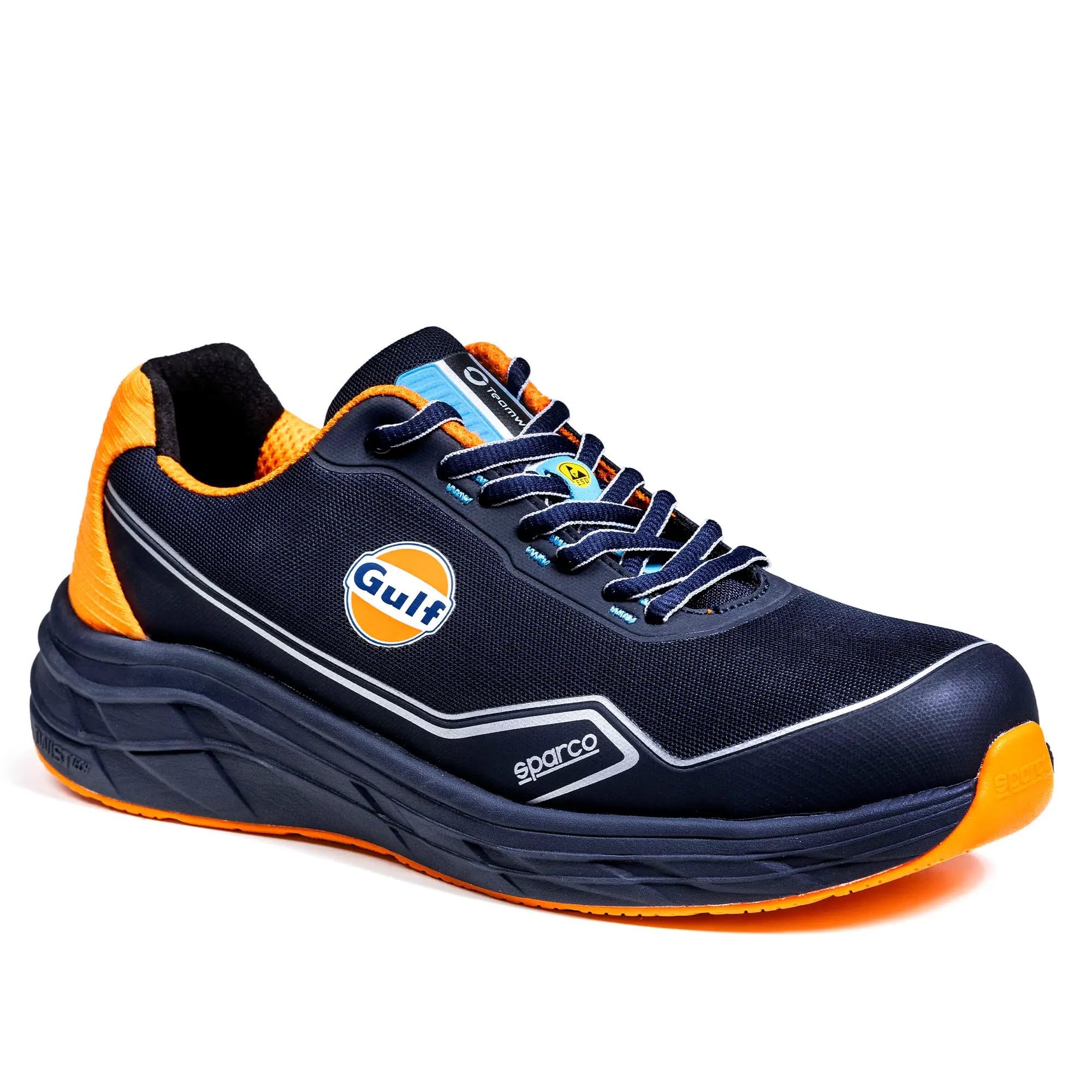 Sparco Teamwork Gulf Mirage Scarpe Antinfortunistiche da Uomo S1PS ESD HRO Basse. Ultraleggere, con Ammortizzazione Eva, Tomaia 3D Traspirante. Livrea Ufficiale Gulf. EU 36
