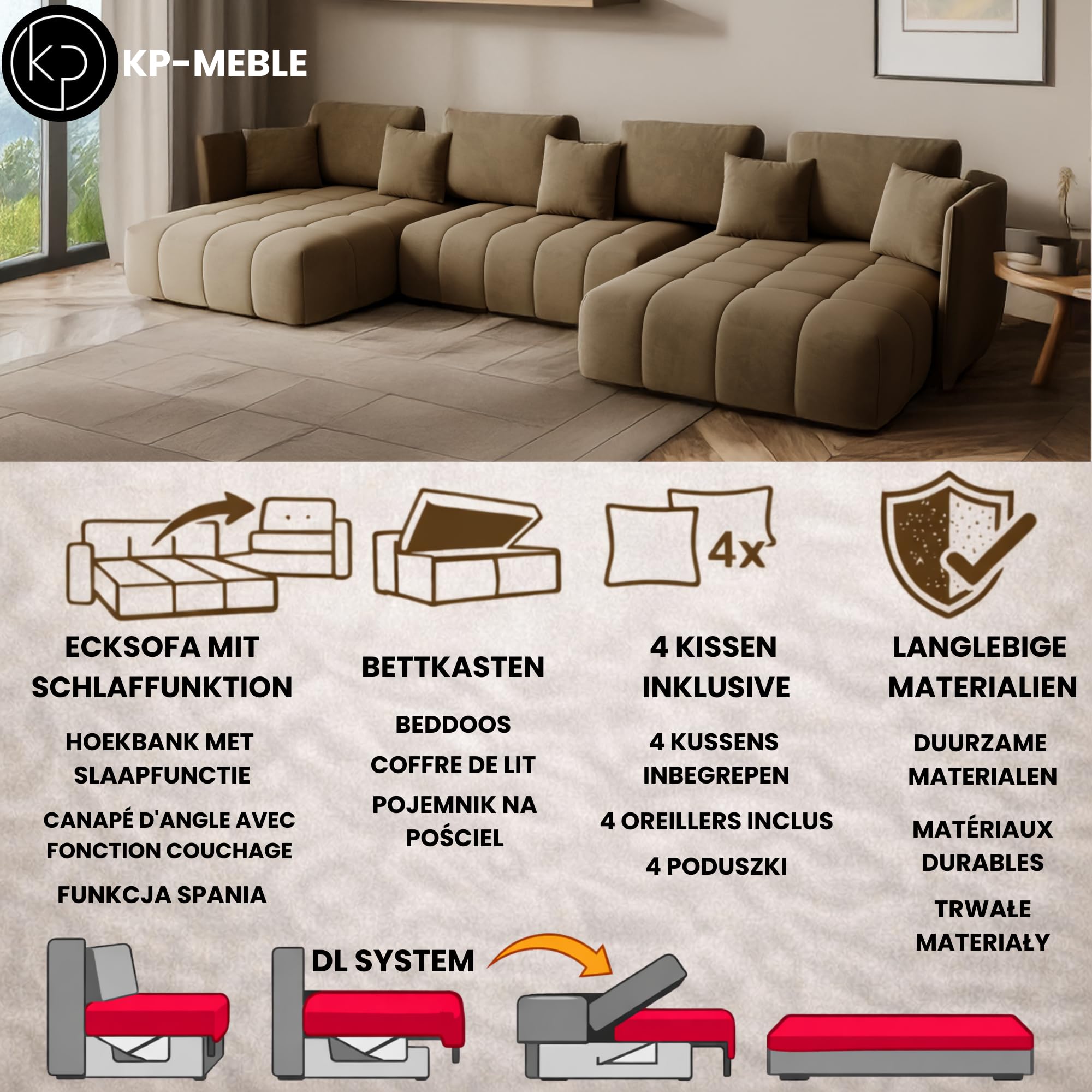 Wohnlandschaft u Form- Gona U - Schlafsofa 346 x 188 cm - T30-Schaumstoff - Automatisches Zusammenklappen für einfaches Entfalten - 346x188x93cm - Monolith 84 (Grau)
