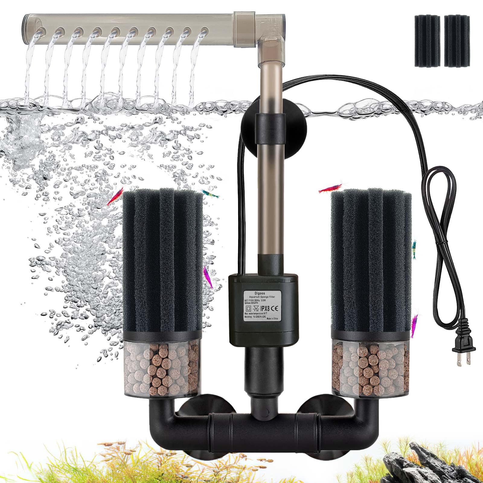 Digoos Electric Aquarium Sponge Filter with Submersible Pump, Ultra Quiet Power Filtration, Bio Media & Dual Sponges, Internal Filter for Freshwater & Saltwater Fish Tanks