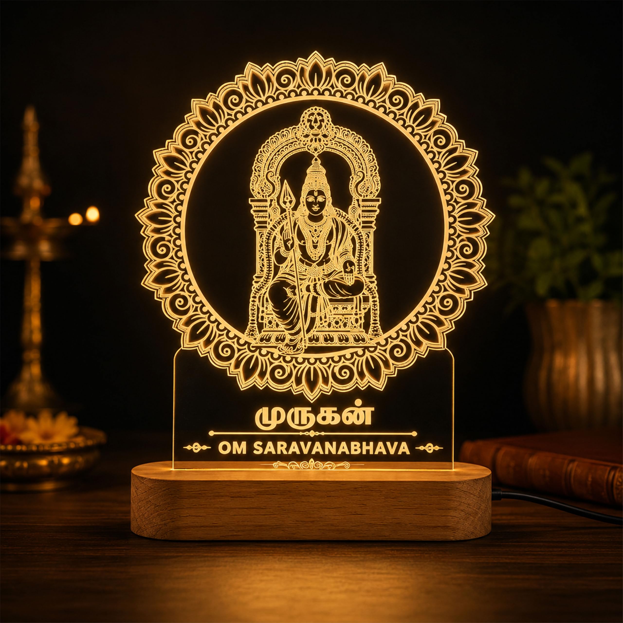 Eknoor Murugan LED Acrylic Night Lamp Warm White USB Pooja Room Décor | Laser-engraved Murugan on 5mm premium acrylic with Om Saravanabhava mantra, warm white USB LED, natural beech wood base-image-12