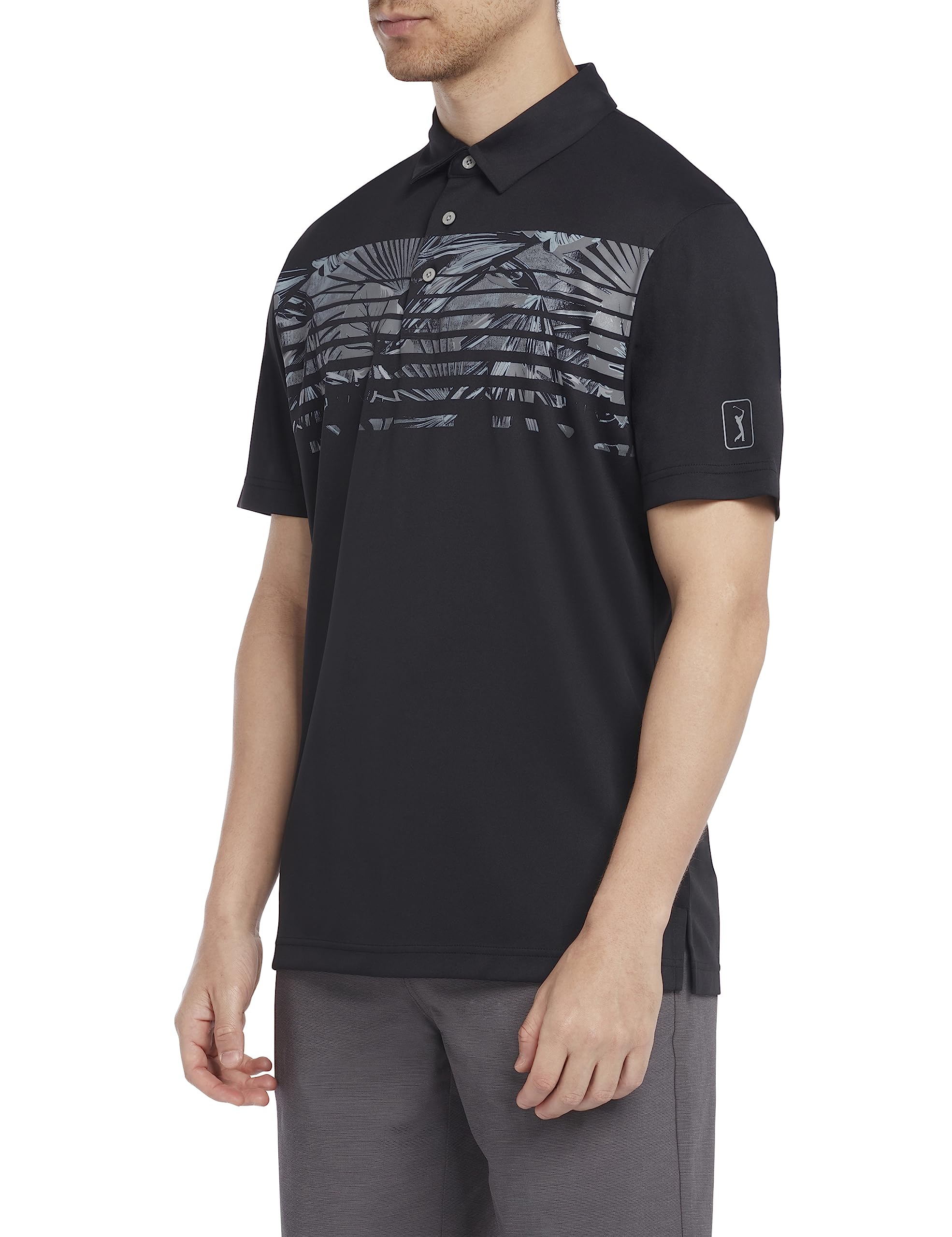 PGA Tour Golf - Men's Golf Polo Shirt, Engineered Tropical Print, Short Sleeve, Regular Fit, Stretch Seams, Caviar Black, Small
