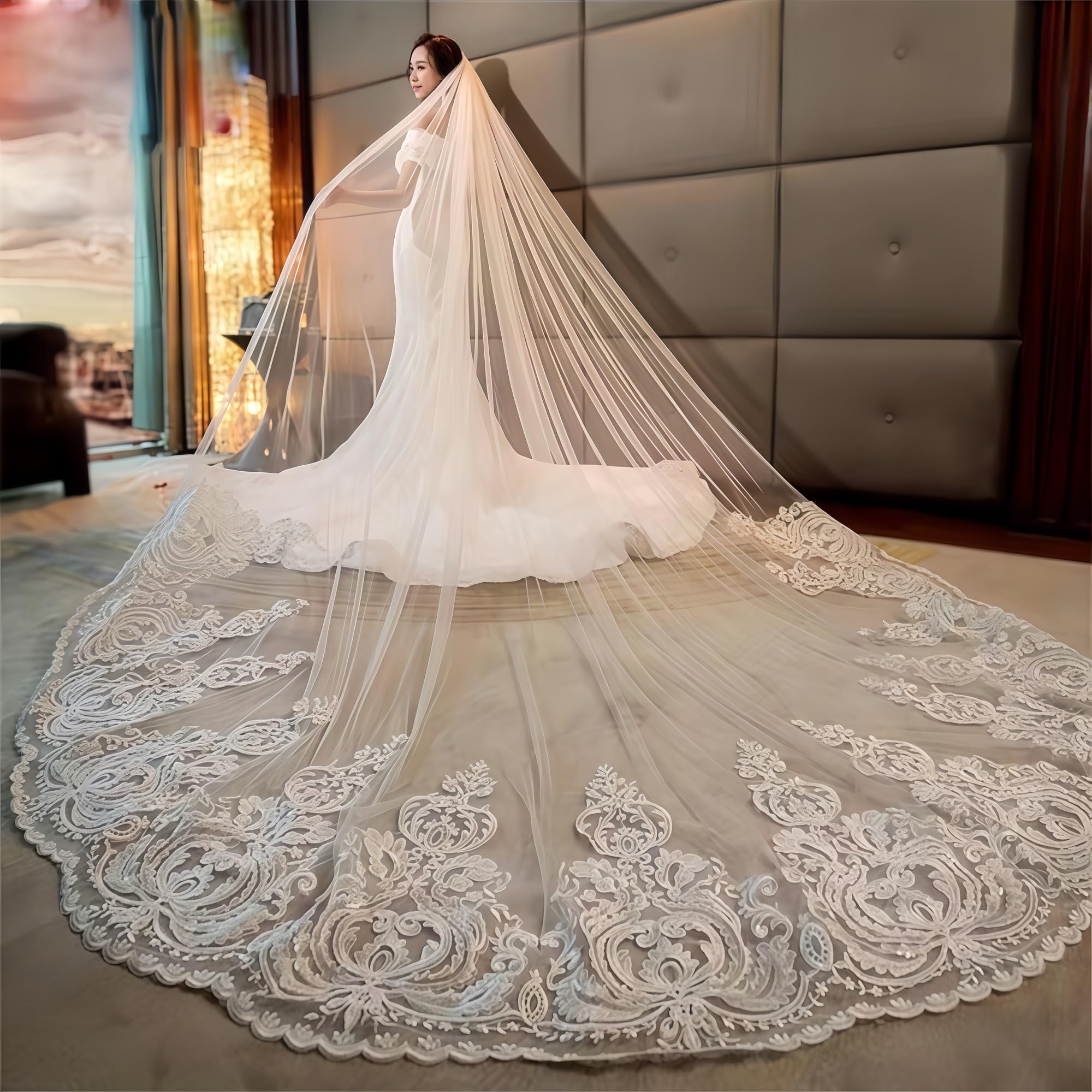 Yacoxe Women's One Color 1-Layer Long Floor Bride Wedding Veil Anti-Wrinkle, Easy To Store, Textured, Dual-Purpose Design, Solemn For And Girls(3.5 * 3M)