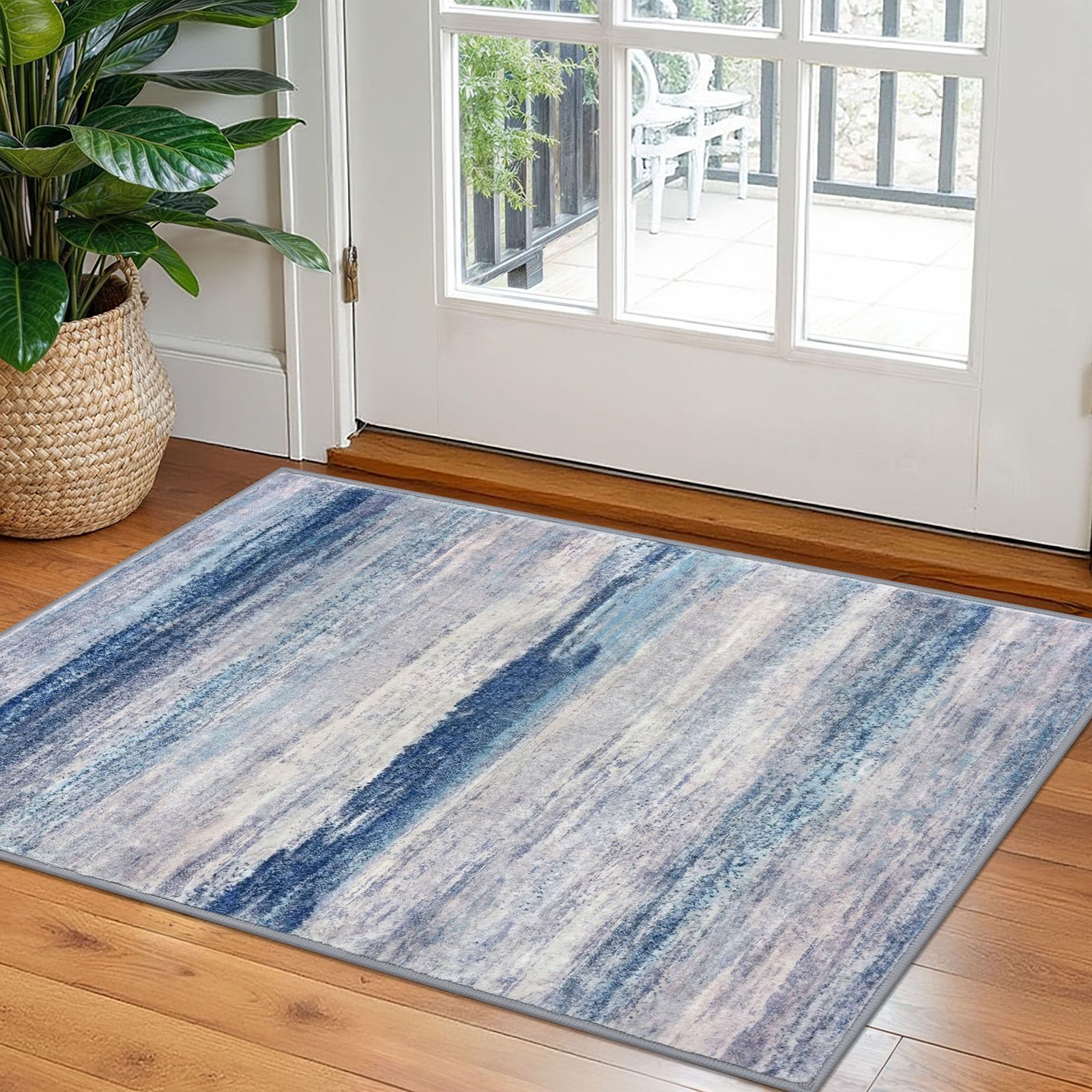 KOZYFLY Modern Abstract Small Area Rugs, 2x3 Washable Kitchen Rug Non-Slip Soft Small Bathroom Rug, Blue/Grey/Beige Striped Entryway Rugs Abstract