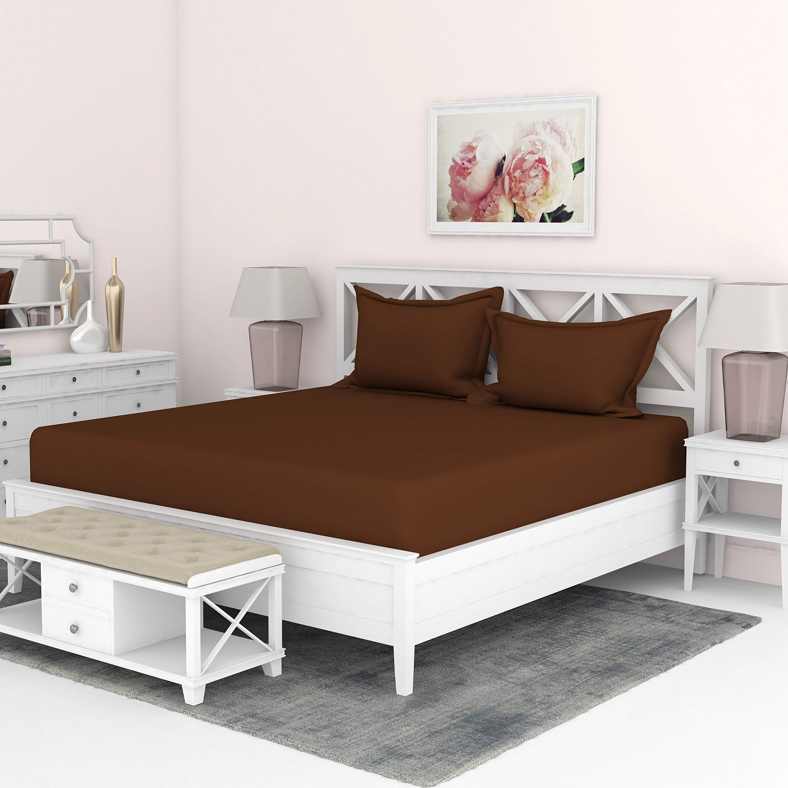 BEVI - Home 144 Tc Solid Premium Microfiber Double Bedsheet with 2 Pillow Cover - (Grey) (Brown)