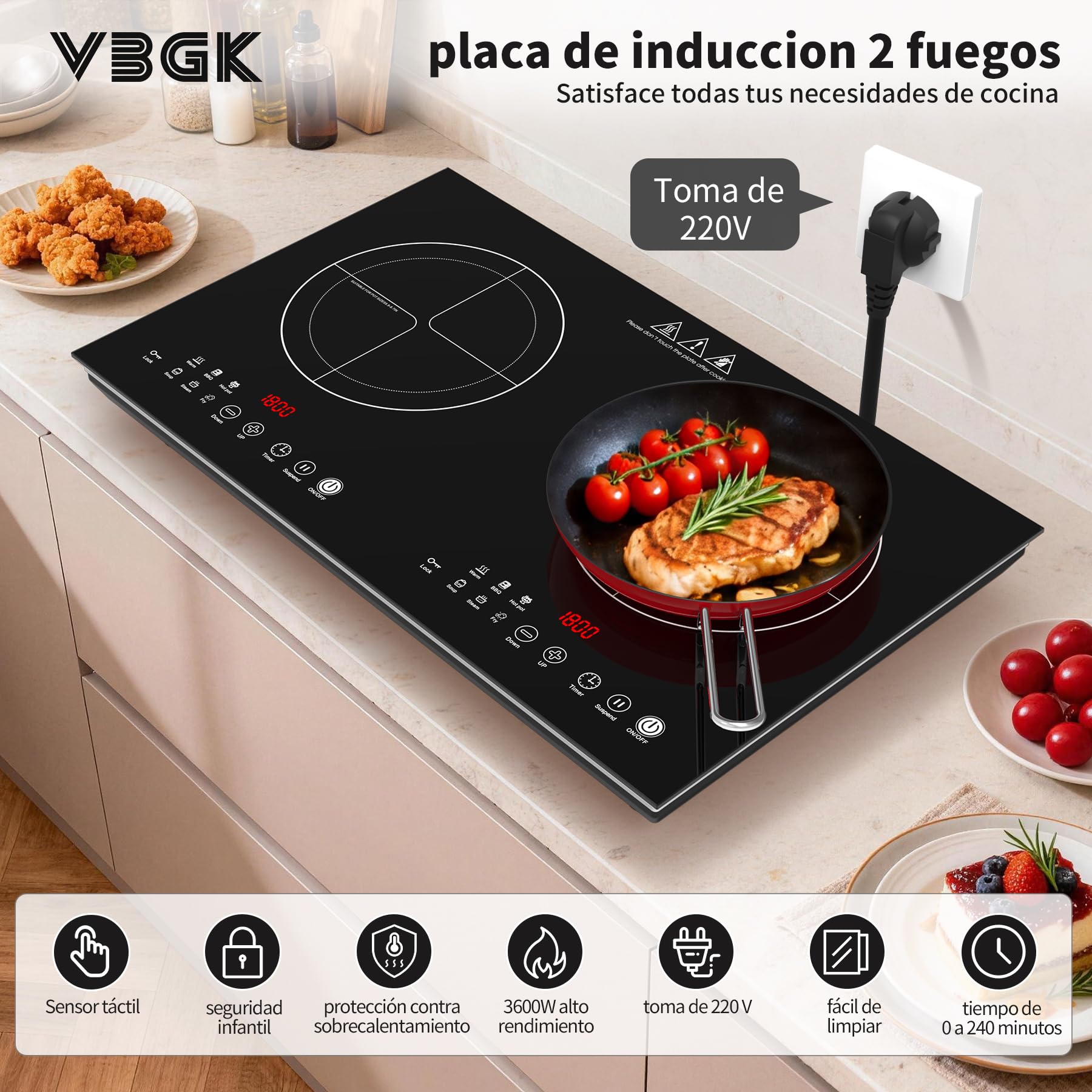 VBGK induccion 2 fuegos，220V 3600W vitro portatil 2 fuegos Con panel de acabado cepillado y control táctil LED, placa de inducción con 9 niveles de potencia, bloqueo de seguridad infantil