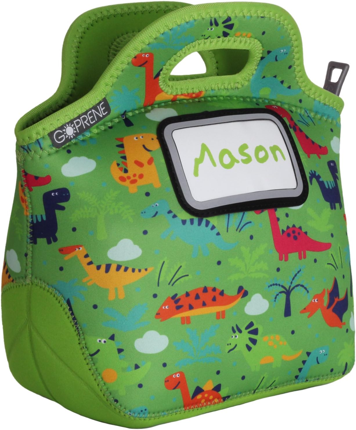 GOPRENE Kids Dinosaur Neoprene Lunch Bag with ID Card Pocket | Identi-Tote Insulated, Reusable, Foldable, Washable, Color: Green Dino, 3 Blank Name Cards