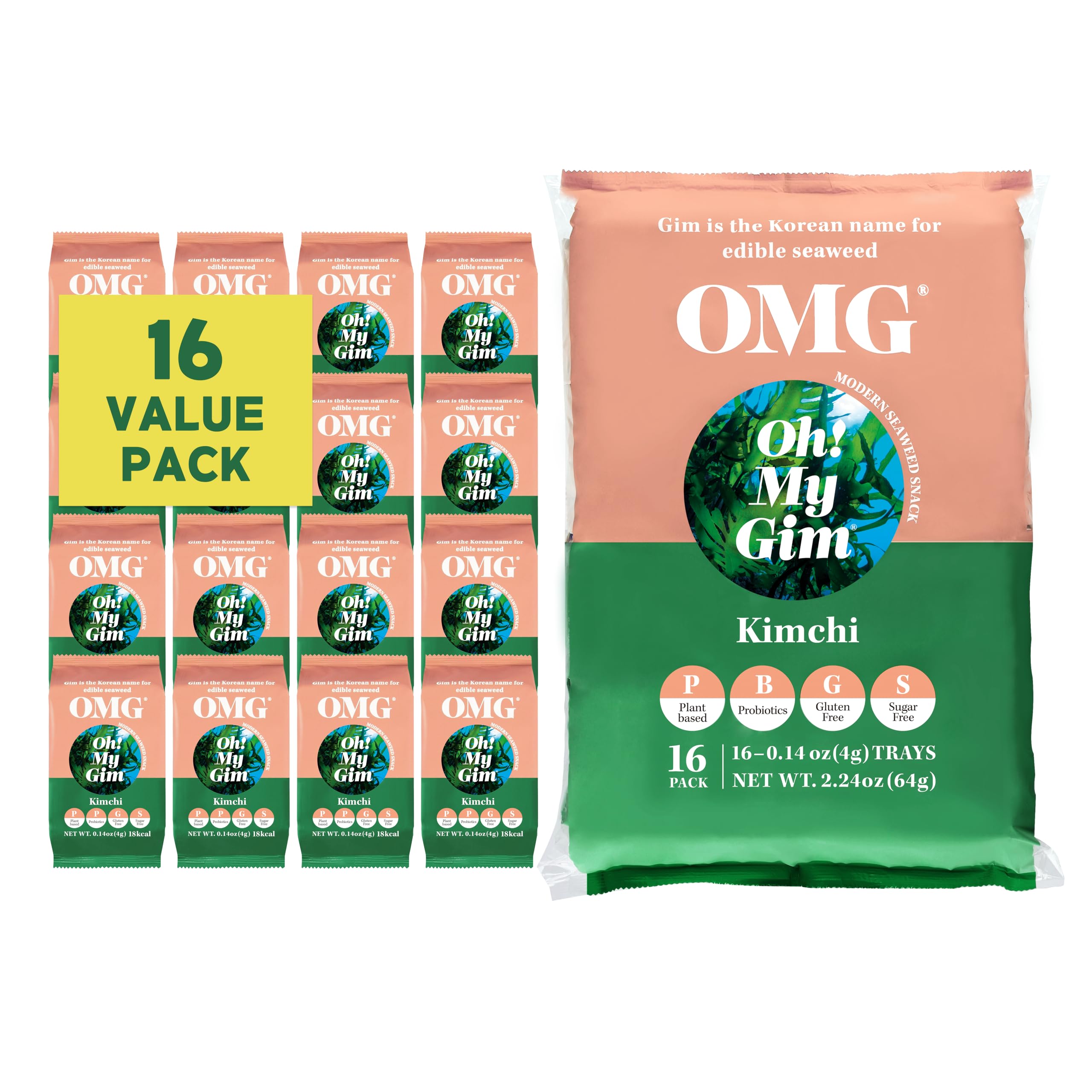 Oh! My Gim – Snack aux algues coréennes – Saveur Kimchi, Léger & croustillant – Encas original – 16 pack