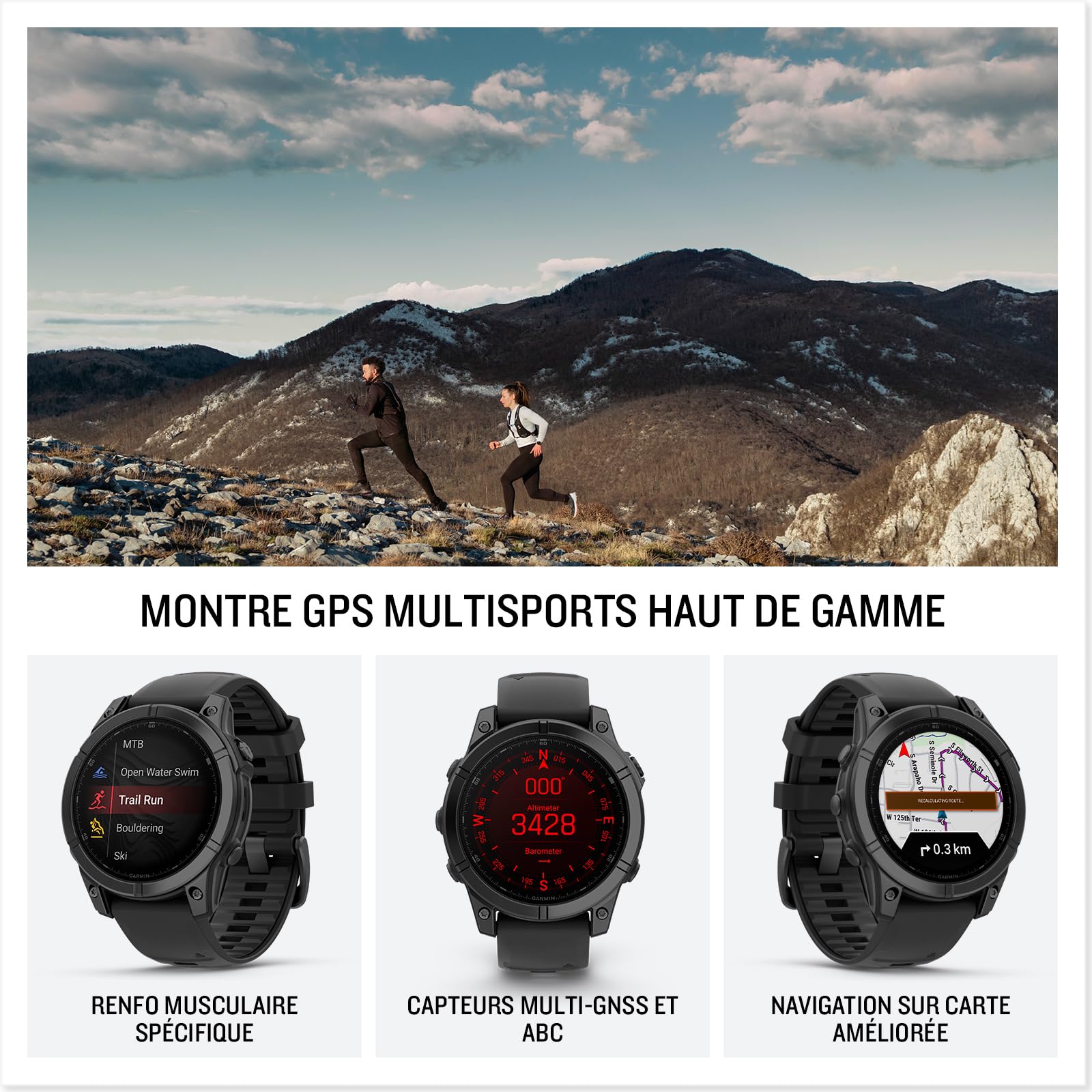 Garmin fēnix® E - Montre GPS Multisports AMOLED – Acier Gray avec Bracelet Noir
