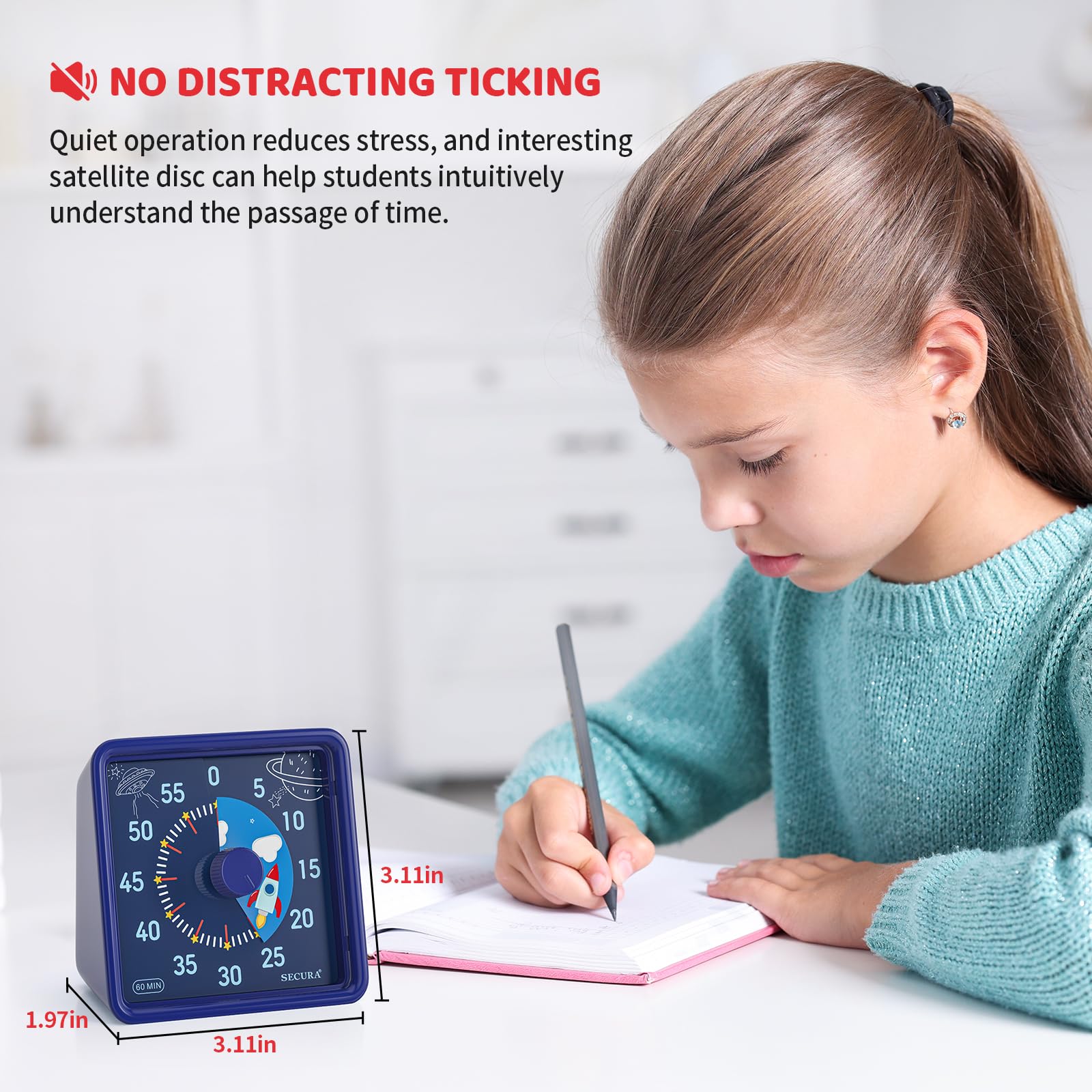 Secura 60-Minute Visual Countdown Timer for Kids & Office, Silent Time Management Tool (Navy Blue), Navy Blue & Navy Blue - Image 2
