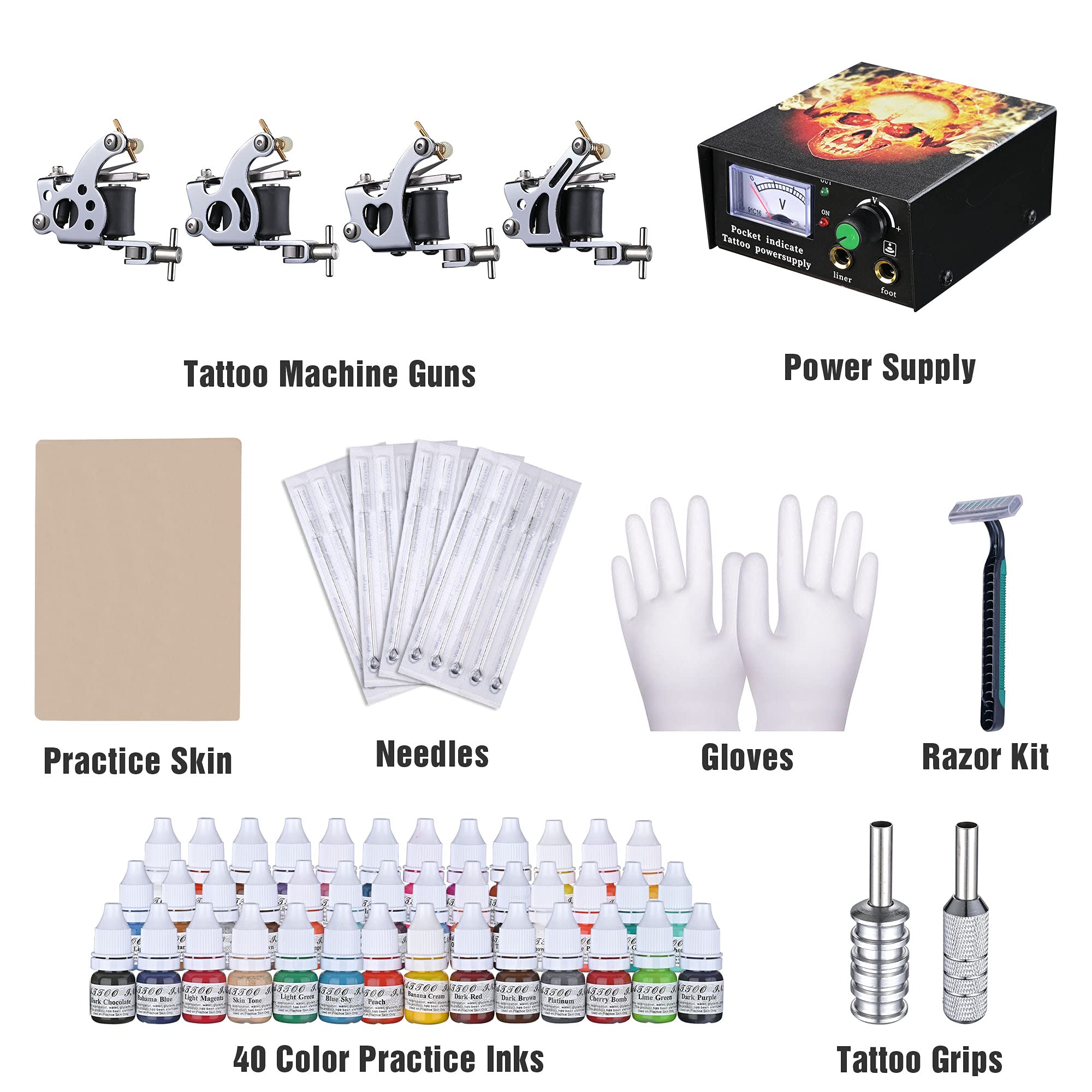 AW Power Supply 10 Wraps Needle Grip Tip Foot Switch 4 Machine Guns 40 Inks Professional Complete Tattoo Kit