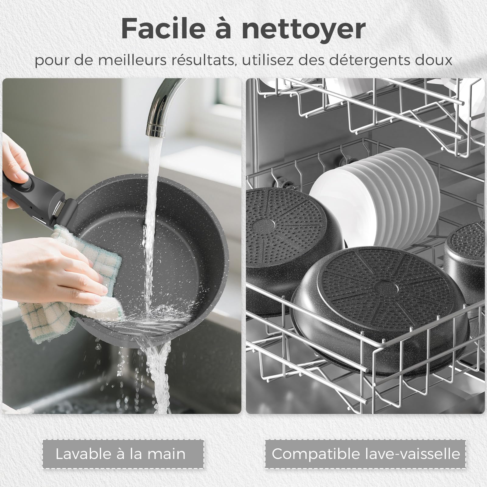 YASHE Batterie de Cuisine 9 Pièces, Set de Casseroles et Poêles Antiadhésives, Compatible Tous Feux dont Induction, Poignées Amovibles, Passe au Four, Design Empilable et Gain de Place, Grise