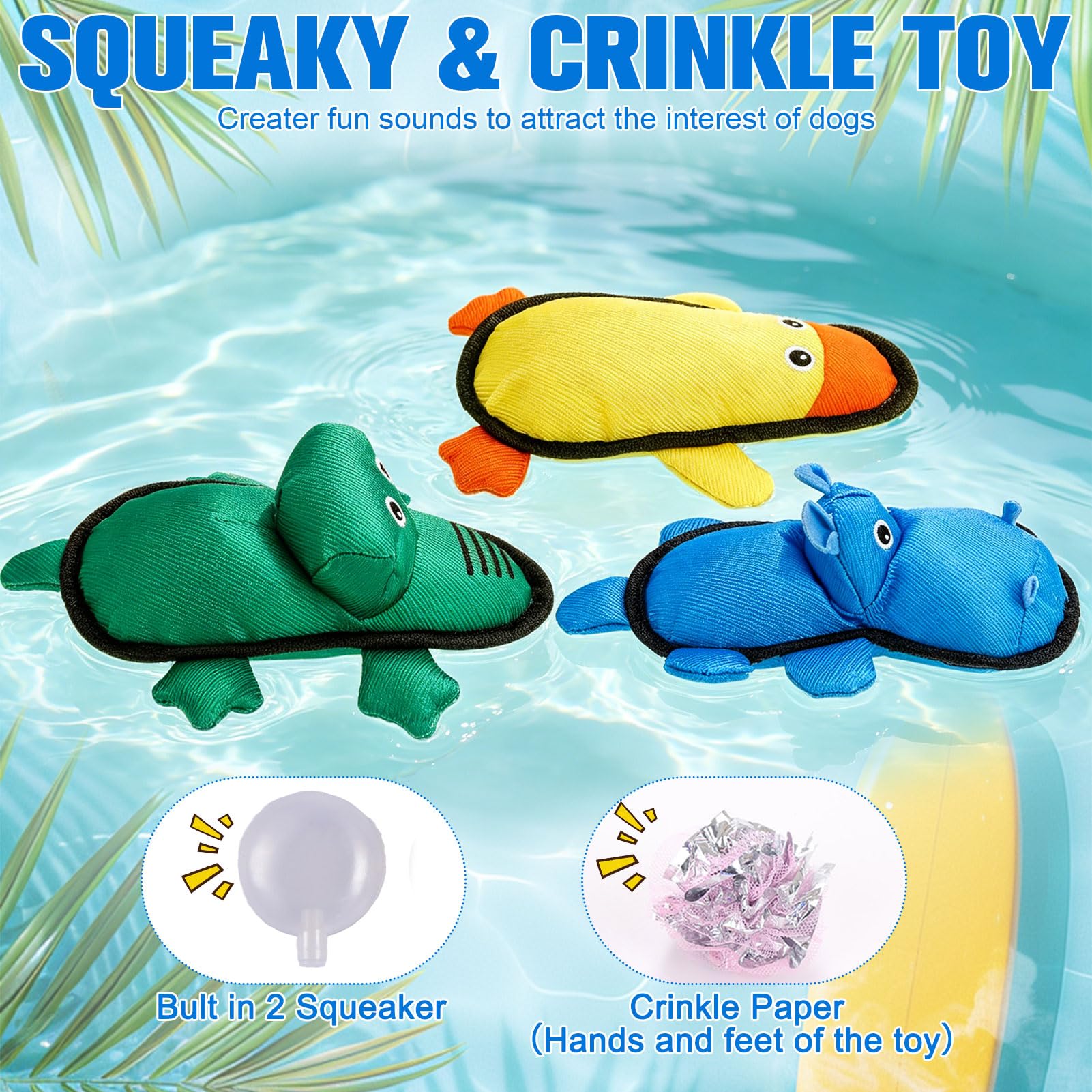 EXPAWLORER Lot de 3 jouets flottants pour chien pour piscine et été, en tissu Oxford doux et durable, jouets à mâcher interactifs avec plis pour chiens de petite, moyenne et grande taille, hippopotame
