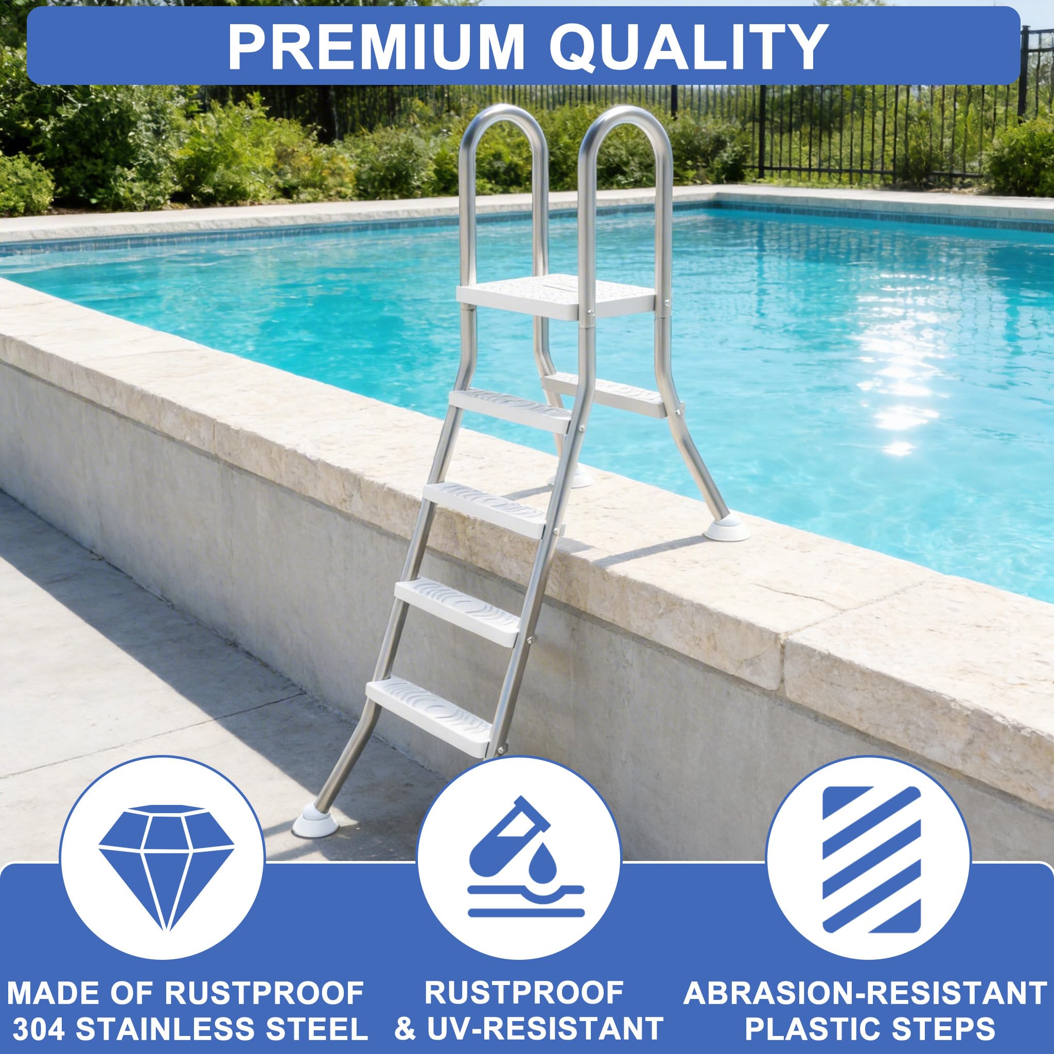 3+1 Stufen Edelstahl Poolleitern, Schwimmbad Leiter mit Sicherheitshandlauf, rutschfeste Kunststoff Stufen & Kugelgelenk-Design Standfuß, Stabile Hochbeckenleiter für Pools/Becken bis 115cm