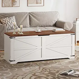 DWVO Storage Bench, 47.2" Farmhouse Storage Chest with 2 Safety Hinges, Wooden Utility Organizer, Shoe Bench for Entryway, Bedroom, Living Room, White and Walnut