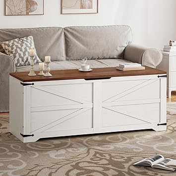 DWVO Storage Bench, 47.2" Farmhouse Storage Chest with 2 Safety Hinges, Wooden Utility Organizer, Shoe Bench for Entryway, Bedroom, Living Room, White and Walnut
