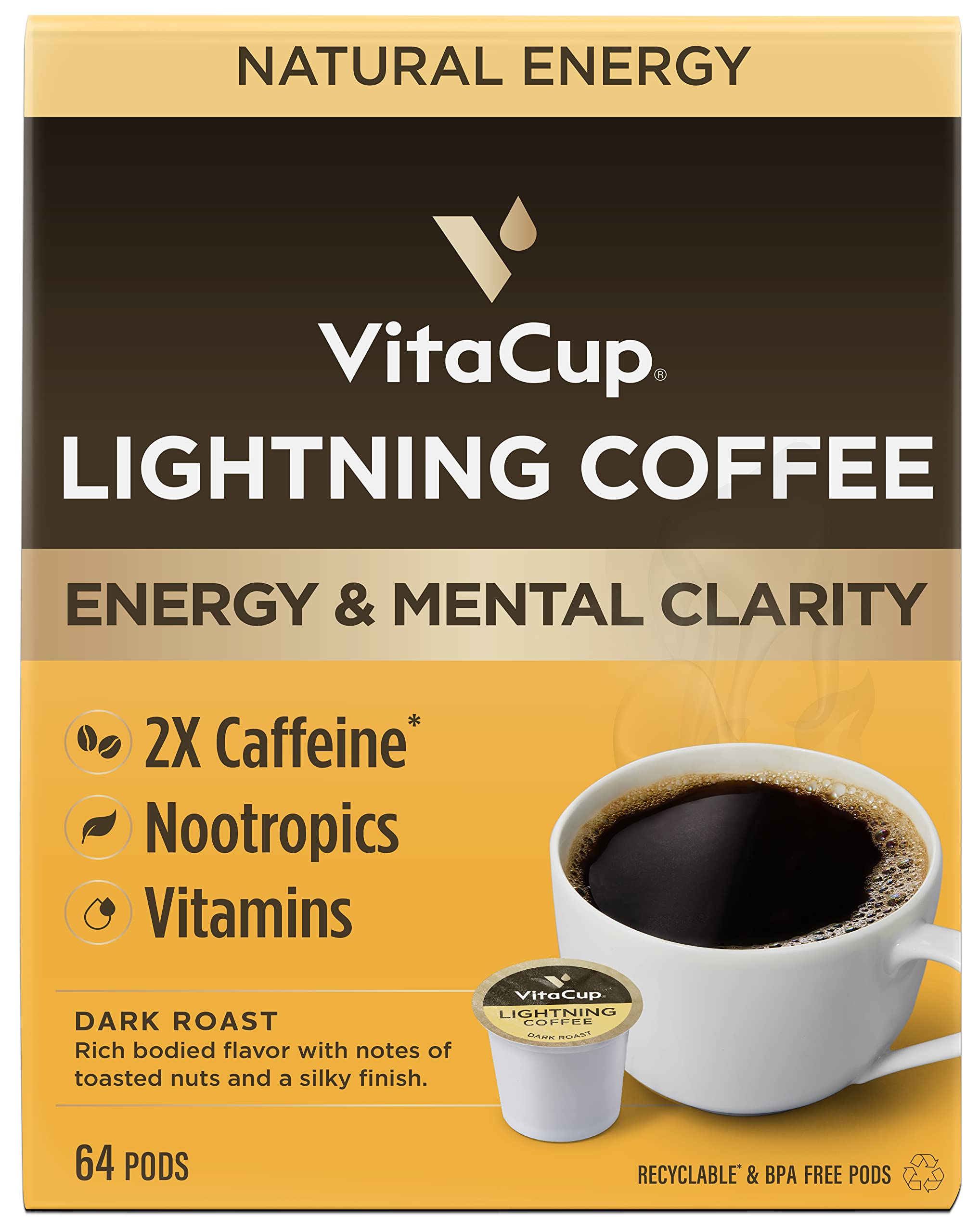 VitaCup Lightning Coffee Pods, for Focus w/ 2X Caffeine, Green Coffee Bean, B Vit, D3, Strong Dark Roast Arabica Beans, Single Serve Pod Compatible with Keurig K-Cup Brewers, 64 Ct (4 Pack of 16 ct)