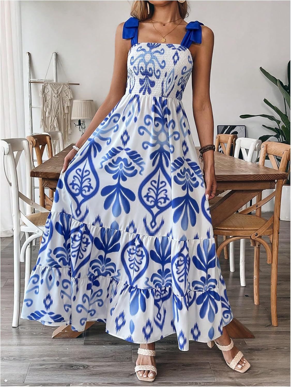 Floerns Women's Tropical Tie Shoulder Cami Dress Tiered Ruffle Hem Maxi Dresses - Image 2