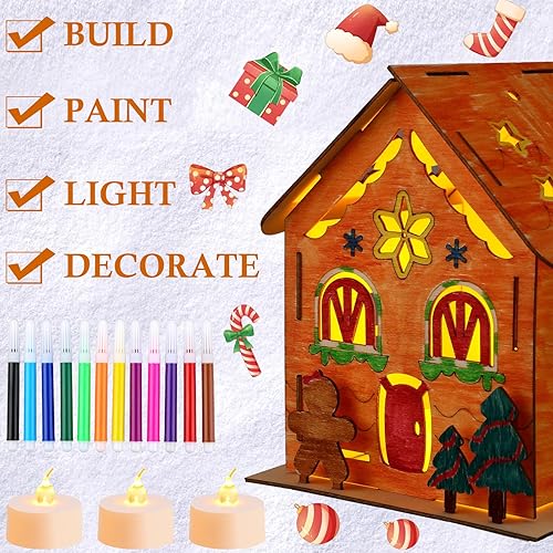 Miniatura 3 de Spiareal Juego de 24 juegos de portavelas de madera de jengibre, casas de Navidad luminosas de madera con bolígrafos de acuarela y velas LED sin