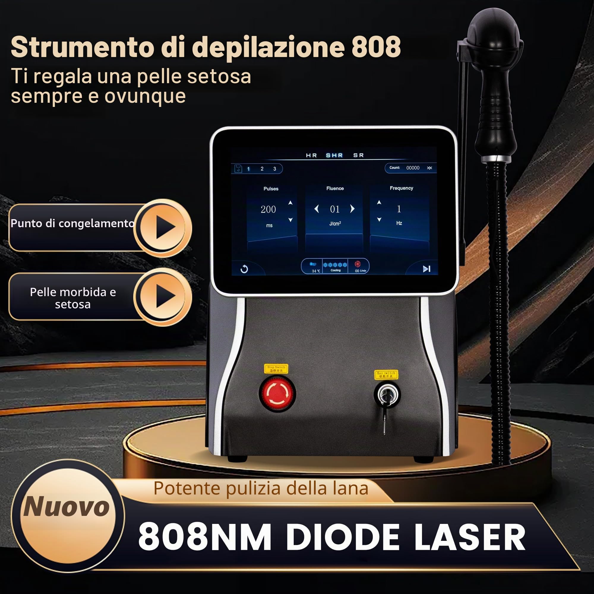 10 Bars, 2026 Macchina Professionale per la Rimozione dei Peli con Laser Diodo 808nm, 755 808 1064nm Laser Painless, per Viso, Corpo, Nero